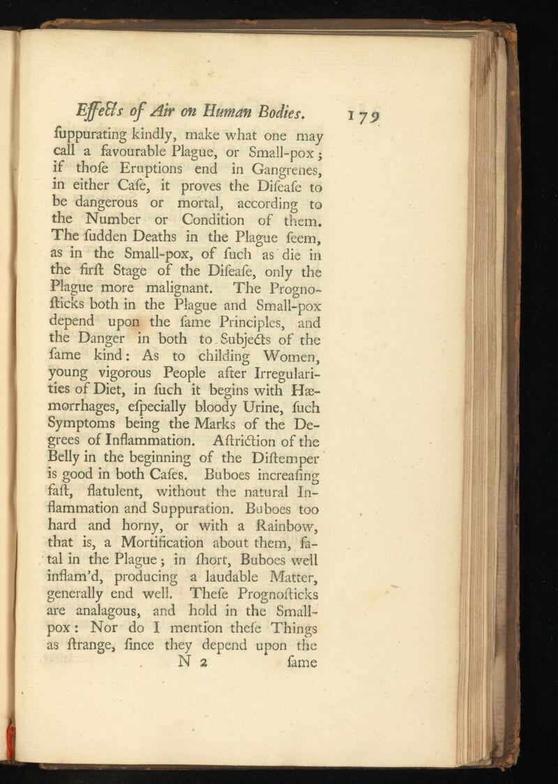Ejfe&s of Air on Human Bodies. 7 fuppurating kindly, make what one may call a favourable Plague, or Small-pox j if thofe Eruptions end in Gangrenes, in either Cafe, it proves the Difeafe to be dangerous or mortal, according to the Number or Condition of them. The fudden Deaths in the Plague feem, as in the Small-pox, of fuch as die in the firit Stage of the Difeafe, only the Plague more malignant. The Progno- iticks both in the Plague and Small-pox depend upon the fame Principles, and the Danger in both to.Subjects of the fame kind : As to childing Women, young vigorous People after Irregulari ties of Diet, in fuch it begins with Hae morrhages, eipecially bloody Urine, fuch Symptoms being the Marks of the De grees of Inflammation. Aftridion of the Belly in the beginning of the Diftemper is good in both Cafes. Buboes increafing fail, flatulent, without the natural In flammation and Suppuration. Buboes too hard and horny, or with a Rainbow, that is, a Mortification about them, fa tal in the Plague ; in fhort, Buboes well inflam’d, producing a laudable Matter, generally end well. Thefe Prognoilicks are analagous, and hold in the Small pox : Nor do I mention thele Things as ilrange, fince they depend upon the N 2 fame