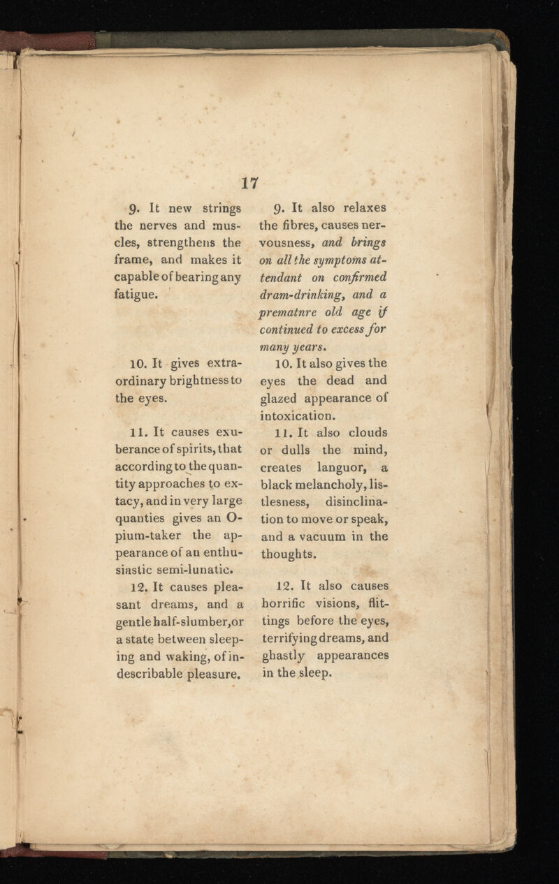 9« It new strings the nerves and mus cles, strengthens the frame, and makes it capable of bearing any fatigue. 10 . It gives extra ordinary brightness to the eyes. 11 . It causes exu berance of spirits, that according to the quan tity approaches to ex- tacy, and in very large qualities gives an O- pium-taker the ap pearance of an enthu siastic semi-lunatic. 12. It causes plea sant dreams, and a gentle half-slumber,or a state between sleep ing and waking, of in describable pleasure. 9 . It also relaxes the fibres, causes ner vousness, and brings on all the symptoms at tendant on confirmed dr am-drinking y and a prematnre old age if continued to excess for many years . 10 . It also gives the eves the dead and •/ glazed appearance of intoxication. 11 . It also clouds or dulls the mind, creates languor, a black melancholy, lis- tlesness, disinclina tion to move or speak, and a vacuum in the thoughts. 12 . It also causes horrific visions, flit- tings before the eyes, terrifying dreams, and ghastly appearances in the sleep.