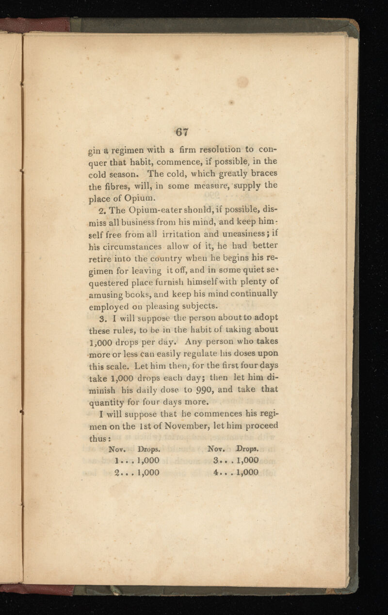 67 gin a regimen with a firm resolution to con quer that habit, commence, if possible, in the cold season. The cold, which greatly braces the fibres, will, in some measure, supply the place of Opium. 2 . The Opium-eater should, if possible, dis miss all business from his mind, and keep him self free from ail irritation and uneasiness; if his circumstances allow of it, he had better retire into the country when he begins his re gimen for leaving it off, and in some quiet se* questered place furnish himself with plenty of amusing books, and keep his mind continually employed on pleasing subjects. 3 . I will suppose the person about to adopt these rules, to be in the habit of taking about 1,000 drops per day. Any person who takes more or less can easily regulate his doses upon this scale. Let him then, for the first four days take 1,000 drops each day; then let him di minish his daily dose to 990 , and take that quantity for four days more. I will suppose that he commences his regi men on the 1 st of November, let him proceed thus: Nov. Drops. Nov. Drops. 1.. . 1,000 3 • • . 1,000 2.. . 1,000 4. • . 1,000