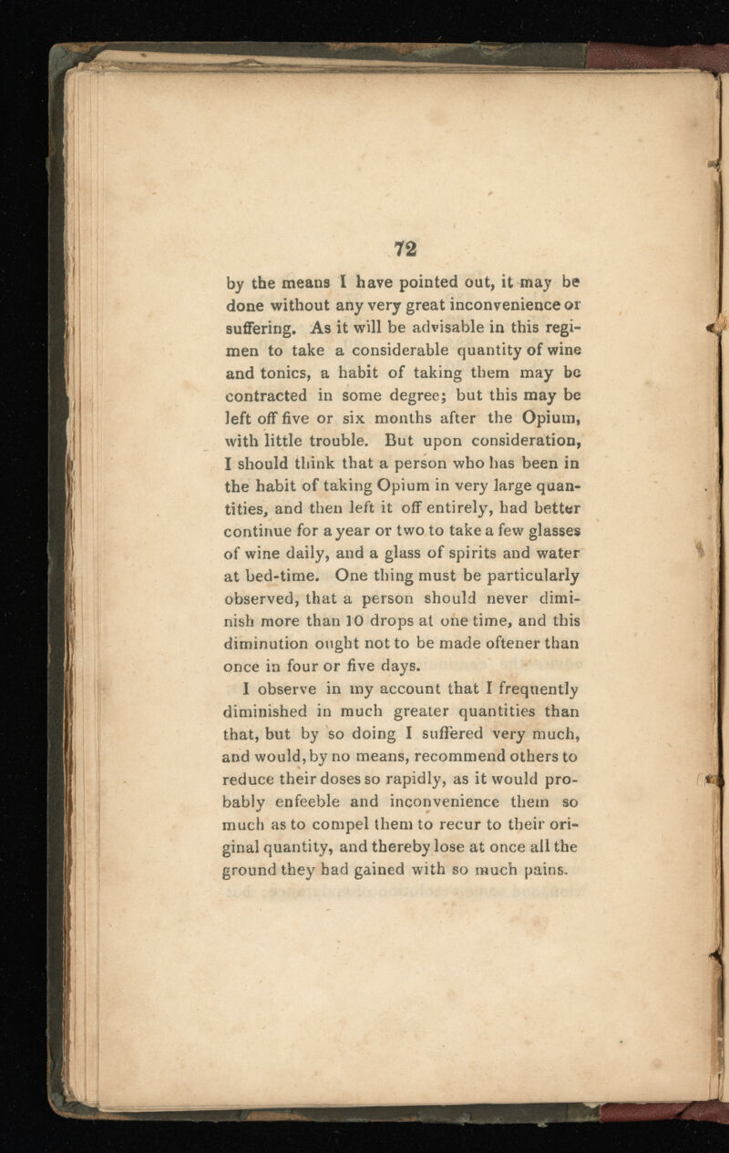 by the means I have pointed out, it may be done without any very great inconvenience or suffering. As it will be advisable in this regi men to take a considerable quantity of wine and tonics, a habit of taking them may be contracted in some degree; but this may be left off five or six months after the Opium, with little trouble. But upon consideration, / I should think that a person who has been in the habit of taking Opium in very large quan tities, and then left it off entirely, had better continue for a year or two to take a few glasses of wine daily, and a glass of spirits and water at bed-time. One thing must be particularly observed, that a person should never dimi nish more than TO drops at one time, and this diminution ought not to be made oftener than once in four or five days. I observe in my account that I frequently diminished in much greater quantities than that, but by so doing I suffered very much, and would, by no means, recommend others to reduce their doses so rapidly, as it would pro bably enfeeble and inconvenience them so much as to compel them to recur to their ori ginal quantity, and thereby lose at once all the ground they had gained with so much pains.