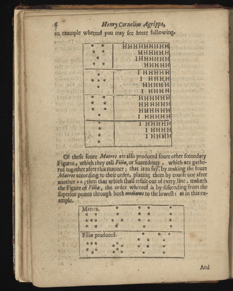 it 'k. $ Henry Cornelm an example whereof you may fee heere following« I *4 & m & ♦ * HHHHHHHHHl hhhhhh IHHHHHH HHHHH $ ♦ I HHHHH I HHHH HHHHH I HHHH * * . * ■ HHHHHH HHHHHH HHHHHH I HHHHH * i» * 1 1 HHHHH I HHHH 1 HHHH Of thefe foure M*tru are alfo produced foure other fecondary Figures, which they call Pilfc, or Suecedems , which are gathe red together after this manner j that is to fay, by making the foure M*tm according to their order, placing them by cowrie one after mother * * j then that which ftwU refult out of every Sine» maketh the Figure of Film , the order whereof Is by difeending from the iuperior points through both mSmm to the (9 weft; as in this ex* smpte, -■ ■ . ‘ - -- And