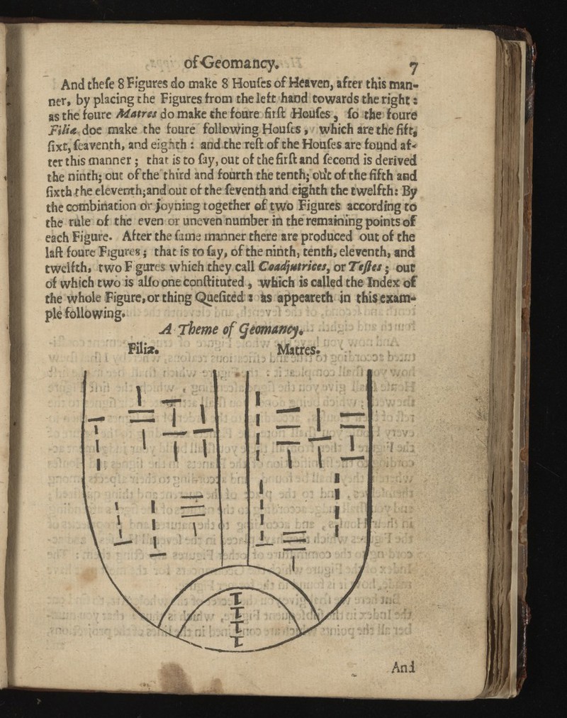 ofGeomancy. <7 And thefe 8 Figures do make 8 Houfes of Heaven, after this man ner, by placing the Figures from the left hand towards the right; as the feure Adams do make the foure fit ft Houfes, fo the foure Bit* doe make the foure following Houfes, which are the fift, fixt, feaventh, and eighth: and the reft of the Houfes are found af* ter this manner; that is to fay, out of the firft and fecond is derived the ninth; out of the third and fourth the tenth; olic of the fifth and fixth the eleventh;and out of the feventh and eighth the twelfth: By the combination or joyning t ogether of two Figures according to the rule of the even or uneven number in the remaining points of each Figure. After the fame manner there are produced out of the laft foure Figures ; that is to fay, of the ninth, tenth, eleventh, and twelfth, two F gures which they call Coadjutriees t or Ttflts ; out of which two is alio one conftituted, which is called the Index of the whole Figure, or thing Quefited : as appeareth in this exam ple following* ATbemeofCjemancji Filisr. Matres. -1 i i - ** ■ : T f f ~ \ l - 1 V ‘ * • * •. \ r*# T ’ f : 4 : ^¿.f. .3 J f