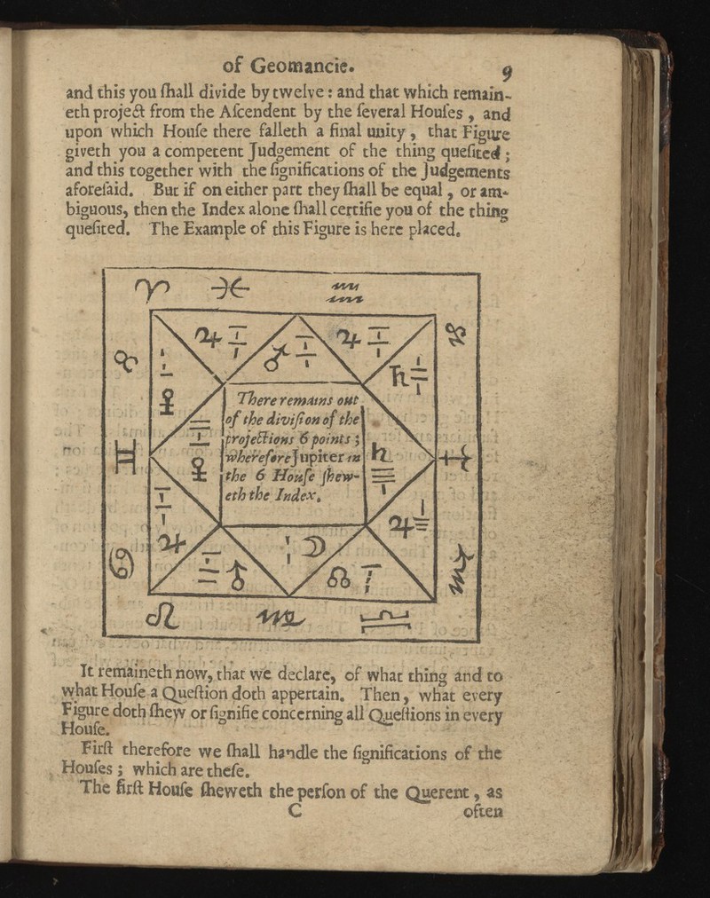 of Geotnancie. 9 and this you (hall divide by twelve: and that which remain- eth project from the Afcendent by the feveral Houles , and upon which Houfe there falleth a final unity, that Figure oiveth you a competent Judgement of the thing quefited ; and this together with the fignifications of the Judgements aforelaid. Bur if on either part they (hall be equal or am biguous, then the Index alone Avail certifie you of the thing quefited. The Example of this Figure is here placed. It remaineth now, that we declare, of what thing and to what Houfe a Queftion doth appertain. Then, what every Figure doth fliew or fignifie concerning all Quettions in every Houfe. Firft therefore we ihall handle the fignifications of the Houfes j which are thefe. The firft Houfe fheweth the perfon of the Querent, as C often