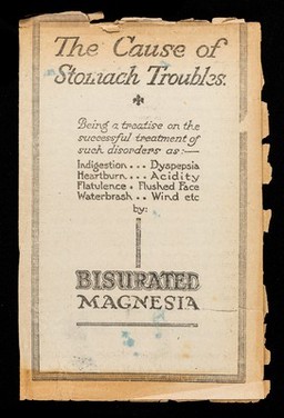 The cause of stomach troubles : being a treatise on the successful treatment of such disorders as: indigestion, dyspepsia, heartburn, acidity, flatulence, flushed face, waterbrash, wind, etc. by Bisurated Magnesia / Bismag Limited.