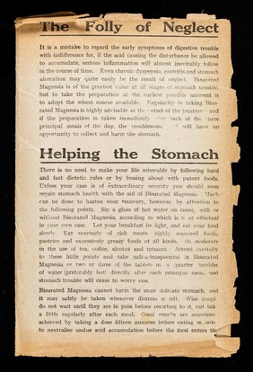 The cause of stomach troubles : being a treatise on the successful treatment of such disorders as: indigestion, dyspepsia, heartburn, acidity, flatulence, flushed face, waterbrash, wind, etc. by Bisurated Magnesia / Bismag Limited.