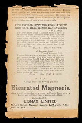 The cause of stomach troubles : being a treatise on the successful treatment of such disorders as: indigestion, dyspepsia, heartburn, acidity, flatulence, flushed face, waterbrash, wind, etc. by Bisurated Magnesia / Bismag Limited.