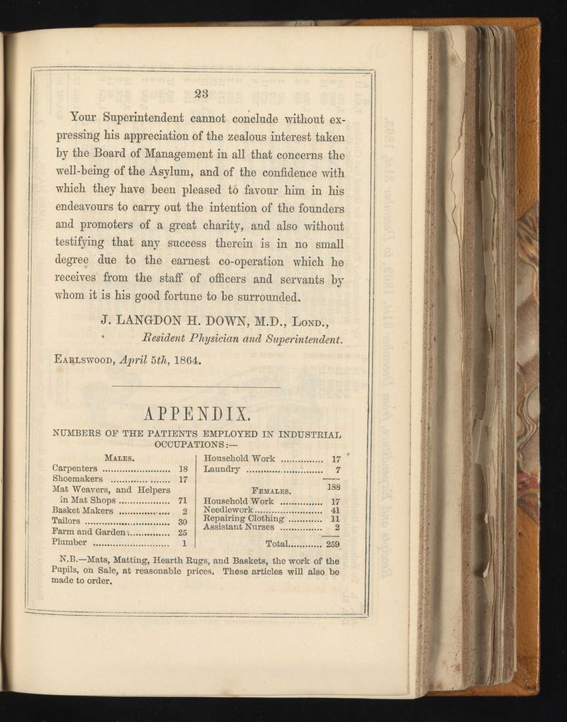 Your Superintendent cannot conclude without ex pressing his appreciation of the zealous interest taken by the Board of Management in all that concerns the well-being of the Asylum, and of the confidence with which they have been pleased to favour him in his endeavours to carry out the intention of the founders and promoters of a great charity, and also without testifying that any success therein is in no small degree due to the earnest co-operation which he receives from the staff of officers and servants by whom it is his good fortune to be surrounded. J. LANGDON H. DOWN, M.D., Lond., * Resident Physician and Superintendent. Earlswood, April 5 th, 1864. APPENDIX. NUMBERS OF THE PATIENTS EMPLOYED IN INDUSTRIAL OCCUPATIONS:— Males. Carpenters 18 Shoemakers 17 Mat Weavers, and Helpers in Mat Shops 71 Basket Makers 2 Tailors 30 Farm and Garden 25 Plumber 1 Household Work 17 Laundry 7 Females. 188 Household Work 17 Needlework 41 Repairing Clothing 11 Assistant Nurses 2 Total 259 N.B.—Mats, Matting, Hearth Rugs, and Baskets, the work of the Pupils, on Sale, at reasonable prices. These articles will also be made to order.