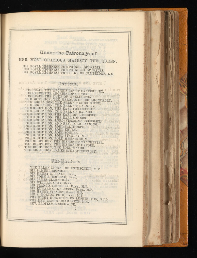 Under the Patronage of HER MOST GRACIOUS MAJESTY THE QUEEN. HIS ROYAL HIGHNESS THE PRINCE OE WALES. HER ROYAL HIGHNESS THE PRINCESS OE WALES. HIS ROYAL HIGHNESS THE DUKE OE CAMBRIDGE, K.G,  BrmHeitfe; HIS GRACE TI-IE ARCHBISHOP OF CANTERBURY. HIS GRACE THE ARCHBISHOP OF YORK. HIS GRACE THE DUKE OE WELLINGTON. THE MOST HON. THE MARQUIS OE CHOLMONDELEY. THE RIGHT HON. THE EARL OF CHICHESTER. THE RIGHT HON. THE EARL OF DARNLEY. THE RIGHT HON. THE EARL EORTESCUE. THE RIGHT EON. THE EARL OE RADNOR. THE RIGHT HON. THE EARL OE ROSEBERY. THE RIGHT HON. THE EARL SOMERS. THE RIGHT HON. LORD VISCOUNT EVERSLEY. THE RIGHT HON. AND REV. LORD BAYNING. THE RIGHT HON. LORD CALTHQRPE. THE RIGHT HON. LORI) EBURY. THE RIGHT HON. LORD SONDES. THE RIGHT HON. LORD STANLEY, M.P. THE RIGHT HON. LORI) HENNIKER, M.P. THE RIGHT REV. THE BISHOP OE WINCHESTER. TRIE RIGHT REV. THE BISHOP OF OXFORD. THE RIGHT HON. THE LORD MAYOR. THE RIGHT HON. JAMES STUART WORTLEY. THE BARON LIONEL DE ROTHSCHILD, M.P. SIR SAMUEL BIGNOLD. SIR HENRY C. BLAKE, Baet. SIR JOHN P. BOILEAU, Baet. SIR JAMES CLARK, Baet. SIR WILLIAM CLAY, Baet. SIR FRANCIS CROSSLEY, Baet., M.P. SIR EDWARD C. KERRISON, Baet., M.P. SIR HENRY STRACEY, Baet., M.P. SIR S. MORTON PETO, Bart., M.P. THE RIGHT HON. STEPHEN LUSHINGTON, D.C.L. THE REV. CANON CHAMPNEY8, M.A. REV. PROFESSOR SEDGWICK.