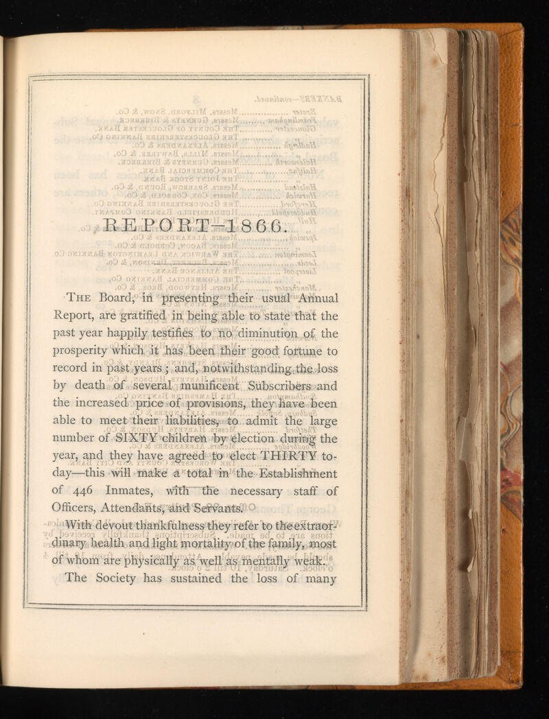 MW EEPOET-1866, ai 883 M The Board, in presenting their usual Annual Report, are gratified in being able to state that the past year happily testifies to no diminution of the prosperity which it has been their good fortune to record in past years ; and, notwithstanding .the loss by death of several munificent Subscribers and the increased price of provisions, they have been able to meet their liabilities, to admit the large ,nD $ .vrn?.finH .ay»™ aH ° year, and they have agreed to elect THIRTY to day—this will make a total in the Establishment of 446 Inmates, with the necessary staff of Officers, Attendants, and Servants. gnori most of whom are physically as well as mentally weaK^ The Society has sustained the loss of many