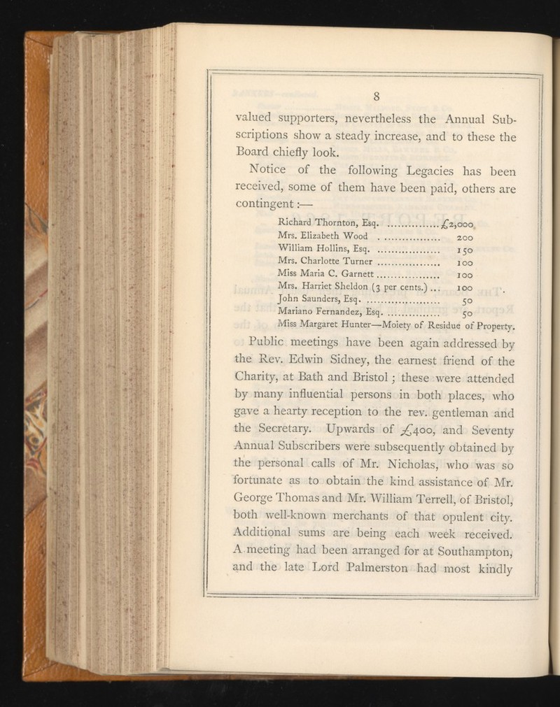 valued supporters, nevertheless the Annual Sub scriptions show a steady increase, and to these the Board chiefly look. Notice of the following Legacies has been received, some of them have been paid, others are contingent:— Richard Thornton, Esq Mrs. Elizabeth Wood 200 William Hollins, Esq 150 Mrs. Charlotte Turner Miss Maria C. Garnett 100 Mrs. Harriet Sheldon (3 per cents.) 100 John Saunders, Esq 5° Mariano Fernandez, Esq 50 Miss Margaret Hunter—Moiety of Residue of Property. Public meetings have been again addressed by the Rev. Edwin Sidney, the earnest friend of the Charity, at Bath and Bristol; these were attended by many influential persons in both places, who gave a hearty reception to the rev. gentleman and the Secretary. Upwards of ^400, and Seventy Annual Subscribers were subsequently obtained by the personal calls of Mr. Nicholas, who was so fortunate as to obtain the kind assistance of Mr. George Thomas and Mr. William Terrell, of Bristol, both well-known merchants of that opulent city. Additional sums are being each week received. A meeting had been arranged for at Southampton, and the late Lord Palmerston had most kindly