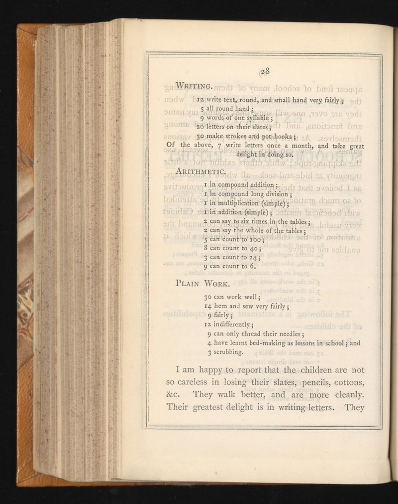 28 Writing. 12 write text, round, and small hand very fairly 5 11X60 5 a U round hand 3 9 words of one syllable 5 20 letters on their slates 3 30 make strokes and pot-hooks; Of the above, 7 write letters once a month, and take great delight in doing so. Arithmetic. 1 in compound addition 3 1 in compound long division 3 1 in multiplication (simple); 1 in addition (simple) 3 2 can say to six times in the tables 3 2 can say the whole of the tables 3 5 can count to 100 ; 8 can count to 40 5 3 can count to 24 3 9 can count to 6. Plain Work. 30 can work well j 14 hem and sew very fairly 3 9 fairly 5 12 indifferently 5 9 can only thread their needles 5 4 have learnt bed-making as lessons in school; and 3 scrubbing. I am happy to report that the children are not so careless in losing their slates, pencils, cottons, &c. They walk better, and are more cleanly. Their greatest delight is in writing letters. They