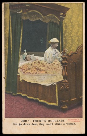 Two men in bed, one in drag: they have been woken up by the sound of burglars. Colour process print, 191-.