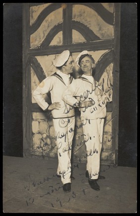 Charles Gray and Jack Greer in character as a couple of sailors under the name "Shrimp and Lobster". Photographic postcard by Central Photographic Co., ca. 1930.