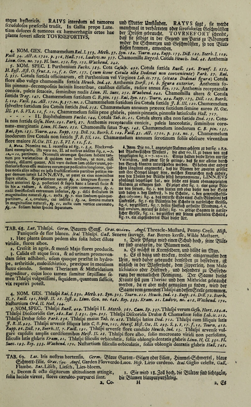 atque hyflericis. RAI VS interdum ad tumores Uttb Umflan&ctt RAYVS f/trtf tiamÄrer&h*“ '«»«OtoeKn 0^etfcrofulJf««@c^wä(|1cn plMtafoveriafli“rTOV?NFFORTi^^^^^ 6cr Stufen gebraucht. TOVRNEFORT febteibf, pianu toveri auent TOVRNEFORTIVS, bag fie fclbige in bet ©egenb um«Pati« }u qSahunge« TOto bie ©c^metjen unb ©efe^wülflen, fo »on SBlnt» a Kn\i rFH rF, 1 » ... pffen tommen, anmenben. r*ii Ä”-«»/■/>.I7!.m.,22.Boerh.I.,02. Lin» Gtof^ öll Chamomilla Cotula Ht»«. Ind.+t. Anthemis ljtnn.hen.no. f/. Suec. 252. Roy. 172. U^achend. 24.2. H £,ff ni?; 1' ?«“ «/■ Cotula fatida ButU. s,t. Srunf. I. 2ss. r,yit. Jtyr U. jrut 1.10^.2. Ger. is7* icum tcone CotuU alU DodonAt non conveniente^ Park. 87. Rai /. i//. Cotu a fcetida ofticinarum , eft Parthenium vel Virginea L0b.ic.773» (.citata Dodonxi lura) CotSi ore albo vulgo chaniomilla fcetida Heuch. Ind.48. Anthemis Dorß. ss. b. figura exterior^ Anthemis fo- linearibus, caulibus difFufis, radice annua ioy. /7^.^Anthemis receptaculis Chamomilla altera & Cotula tcetida Trag /47. Chamaemelum fetidum C. B.fin. 13s. RaLSyn. us. Tourn. 4t>^^Rupp. 173» Di/i. 122. Boerh. cJa^^' ^7-?^./.i/7.«o.^.Cham«melum fetidum feu Cotula fetida f. B.III. i^^>.Cham»melum lyiveltretretidumfeu Cotula fetida Chamaemelum annuum praecox fetidum femine aureo H.Ox. m. 3^. i. VLt.i2,f. /0 Chamaemclum foliis pene glabris, pinnis pinnatis, pinnulis latiufculis Hali. 717. I ' ~ l' -1 Fuchs. 144. Cotula T‘ab.ic.2t, Cotula altera alba non fetida Z)o^. Cotu¬ la non tcetida ^ 7. Anthemis receptaculis conicis, paleis lanceolatis, feminibus coro¬ nato-marginata Ltnn.Fl.Suec. 2S2. Chamomilla fatua 7r/?^. 148. Chamasmelum inodorum C. B. pin. 137. modorum hve Cotula non fetida y. ^.///./^c. Chamaemelum annuum ferotinum foliis obfcurc virentibus tiore maiore H. Ox. III. 37. S. VI 1.12. f 8. b. Meu. Nomina no. 1. recenfita ad fig. t, 3.7. Blackwel- ©te no.I, ana«ef(Jt<gjaBmenaeIi6ren lU berfie- I » 0 to^emphm ^ f«» f »i« Ä J #, IJ. pertinent. Nonnulli utramque fpeciem habent tan- bengtfuflttn 2 - 7-10 -12. gintqe halten benbe 31rten nur fur lum pro varietatibus & quidem tam levfbus, ut non, nifi V^^ietatm, Unb i»ac furfo qScVbag odore, difcerm queant. Alii vero dudum iam obfervarunt,po- bW ®erU(b fonnten Unterjcbieben Wtrben haben aber anbew fterionsflores efle maiores eorumquepediculos longiores, qui- fdion Idnqftenß anqewerfet bafi bte hi>p npA<Ti>t* bus notis alias adhuc ex ipfis fruftificationis partibus%etitas V Khfe FuprfStis^“”ReJ^s£iu^^tem“V^^^^ nominibus »on ben th«!« »er 95liSthe felbjl h«genominmt, LIE^N.®v^ Pl. loiium nuius ipeaei leparatum. oimium, tvorauf fte jhhet; % «o. jeitiqe ©aamen in natur« Ij(h«r ©rotTe, fig. ii. oer£ojTert mit feinem getronten ©(Beitel# %. 12. ein abflefonöertes Slat biefer 51rt. TAB. 1.^8. i-at'.Thlafpi. ^e>r«2.Q5(JUCrtt^©rnff. Grxc.QXiitm, -»^«7/.Threacle-Mufl:ard, Penny-Creß. Hi/b, Paniquefö de flor blanco. Ital Thlafpi. Gali. Seneve fauvage. Bat. Beeren- kerfle, Wilde Moftaert ^ 1. Haec planta unum pedem alta folia habet dilute ^ - viridia, flores albos. 2. Crefeit in agris, & menfe Majo flores producit. 5. Calida eft atque ficca, & ad urinam promoven¬ dam folet adhiberi, ufum quoque praeftat in hydro¬ pe , arthritide, malo ifchiatico, praecipue in menfium I. :^iefe «Pflanje ttnrbctnen@d)ul) BocB, f«in« Ut ftttb qraf^run, bie ^Slumentueiö. X» © in ^ornfelbern, unb blul)t im 3. ijt «nb trotfen, treibet eini^ermaffen ben Urin, wirb baber gebraucht benfelben ju befdrbern, ift i ■ - , ' c ‘ cT in ber ^aJTerfudbt, bem Zipperlein, bem Malo fluxu ciendo. ^ Semen Theriacam & Mithridatium Ifchiatico ober ^uftweb / Unb befonberö tu ^efdrbe? ingretor , cujus loco tamen fumitur faepiffime fe- rung ber monatlichen ^^einigung. S)er @aame biefeg men Thlalpi vulgatiflimi, fiquidem, quantum fufficit, ÄraUtO fott jum Theriac unb bem Mithridat gebraucht VIX repenn poteit, werben, ba er aber nicht genugfam ju finben, wirb ben . rpv p • r « 0aamePomgemeinenThlafpi an beffenetelle genommen. 4. NOM. CEN. Thlatpi Rat./. 830» Meth.pS. Syn. 307, Tourn. 212. Heuch. Ind. 13. Rupp. 86. DiU. 72. Boerh» 11.7* Paill. ist. Heiß. II. 28. Syfi.p. Linn. Gen. no. 648. Roy. 333, Kram. at. Ludvv. no. 41 s, Wachend. 17q. Nafturtium Ord. II. HaB. 744-^ f.NOM.SPEC. Thlafpi Rueli. 409. Thlafpi II. Matth. 767. Cam.Ep. 337-ThhCpivcrumGeßt.Hort.284.a, Thlafpi Diofeoridis Ger.262.Rai l. 831. Syn. 307. Thlafpi Difeoridis Drabae & Chamxlinae folio Lob.ic 212, Thlafpi Drabae folio Park. 836. Thlafpi maius Tah. ic.478. Thlafpi latius Dod. 712. Thlafpi cum filiquis latis y. B.II.923. Thlafpi arvenfe filiquis latis C. B.pm.tos. Morif. Hifi.Ox. II. 293. S. 3. t.t7.f. 12. Tourn. 412. Rupp. 86.DiU. 72.Boerh.II. 7. VaiU. ipt. Thlalpi arvenfe flore candido Heuch. Ind. 13. Thlafpi arvenfe vul¬ gare capfulis amplis cordiformibus/fr//?.//. 28. Thlafpi flore albo, folio mucronato viridi non perfoliato, filiculis latis glabris Kram. 21. Thlafpi filiculis orbiculatis, foliis oblongis dentatis glabris L/»». H. Cl. 330. Fl. Suec. 193- Roy. 333* Wachend. 170. Nafturtiurti filiculis orbiculatis, foliis oblongis dentatis glabris HaU. 747, TAB^9. noftras hortenfis. Germ. ?Blaue ©arten# ©ilgen OberSilien, .^immel#@chwerfel, blaue ©chWert#«lie, Grxe.i^^ Garden FIovverde-Luce. Lirio cardeno. //^/.Giglio celefte. (7^/7, Flambe. Bat.hiVch^ Lietch, Lies-bloem. 1. Decem & odto digitorum altitudinem attingit, i. @ie wirb ig.Boll hoch, bie 5Sldtter fmb lichtgÄ foha lucide virent, flores caeruleo- purpurei funt. bie flumen blflupurpurf&big. a. Co- H a,