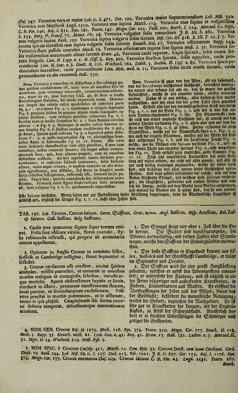 a.f. ,47. Veronic veraet maior , Vcronica mas Matthioli Luglui». Veronica mas lupinaJMaffO. f 4 g j / jJ. ^MoMnJ.ei.Sr^w. /. f„ra,is Ä,}}. Ox.luUit- f.W/- »-f-?. Ve- nioH SelÄ ‘«‘•atis Knmtb.Hal. 27. Veronica ofccinarum R«pp. 244. Veronica officinarum repena fiuc fupina Mft. I. 32 Vcronica fo- ,iis vniformibu^ncronatfe obitcrjerratia^^^^^^ cuÄ Li»» ö Ä SiLi! .62 Dabi. Boebl fLipf «,^9- V^^nica fpiciape- düncutetoralYbus, caYle nrocumbcntc Unn. Mat. md.n, ii. Vcronica foliia licca onans icrrans, caule procumbente ex alis racemofa HäU» 5 3^* TJattt, Veronica a veteribus vt dißinftum a Beccabunga ge¬ nus quidem confideratum eft, nunc vero ab omnibus fere ob maximam, quae vtrumque intercedit, conuenientiam adlumi- tur lUldlli^ uuav » --7 - , /-ft atquc ita ea, quae fupcrius TAB. 48. de florc et fruöu Bcccabungarc diximus, hic modo repetenda erunt. Uenota- tur itaque hac tabula calyx quadrifidus ab inferiori parte jr,g 4. c c et a latere Fig 3. r. tandemque a reliquis feparatus Fip. 6. petalum itidem in quatuor aliquo modo inaequales la¬ cinias diuifum, cum reliquis partibus cohaerens 2. b, feorfim vero et medio foramine Fig y. bina ftamina corollae adnexa » Fi|. 2. 3. ftylusque in medio calyce haerens is- que fimplex Fig 6, b, fruftus tandem cordiformis F/?. 7- qu^i.j ut flores , fpicam quali referunt Ftg 8. a fuperiori parte dehi- fcens F n 9. et aufta magnitudine Fig 10. plunmilque femi¬ nibus flauis et fubrotunäis Fg. il. »2. foetus. His vero nunc indicatis charafteribus cum aliis pluribus, fi non cum omnibus, noftra conuenit fpesies; illi itaque adhuc comme¬ morandi funt, qui, huic plantae proprii, eam ab omnibus diftiniflam reddunt. Ad hos inprimis caules hirfutos pro¬ cumbentes, et radiculas fubinde emittentes, folia hirfutie afpera, ouata atque crenata, et tandem ramulos ex alis folio- Sfrtm. Vcronica tfi jttdc »oit t)m SlltcH, aI8 t«t befonber!# hon htr Beccabunga oerfc()i<l)n<S Ocfc&lcctit / bctracytct tBorbm; Die neutrn obtr nehmen fajl alU an, l)a§ fie wegen bec giofyen Slebnlicbfeit, welche fie mit einanber haben, mufien »eretntgt werben. Baher ifl eS nur notbig, alle^ baSjentge f)ier wteber nacbjufehen, waS wir oben beb ber 47ten Xafel |cbon gemelbet haben. Sö ftellt alfo hier ben oiermahl getheilten Äeld) oon unten Fig. 4. c. c. oon ber ©eite Fig. 3- c. unb wie er oon ben an- bern theilen abgefonbert Fig. 6. fiir. ©ie asiumenbeefe, wel» ehe auch hier etwaö ungUiche Sinfehnite hat, ijl annoch mit ben anbern theüen oerbunben Fig. 2. b. oUein aber unb mit bem So- ehe in berOTteFig. 5. d. ju fehen. ferner «rfcheinen bie jweo ©taubfdben, weldhe auf ber Blumenbeete fiben a.a. Fig. 2.3. wie auch ber einjelne 0taubweg / welcher auö ber ?Dtitte be§ Wel¬ ches entfpringet Fig. 6. b. unb bie herjförmige Frucht Fig. 7. welche p wie bie 55lumen eine Spicam oorflellet Fig. 8., unb an bem Obern Xh^il« ®bneinanber fpringet Fig. 9.,unb oergrofier# ten Fig. 10. 2>iefe enthalt oiele runblichte, gelbe ©aarnen Fig. 12. 2)iefe je^t angeführten Äennjeicheu h^it unjre föat- II tung mit oielen anbern, wo nicht mit allen gemein, unb al|o ijl nur noch nothig biejenigen anaumerten, welche ihr allein eigen nfnera ouata atouc crenata, et tanaem ramuios cx diis lunu- nui uwiv hvivi« L'.v/viityv» -y. y--”- - y rum egredientes^, non diffufos, fed flores in fimplici modo finb, unb biefelbige oon allen anbem biefeg foica coiieftos fufeipientes, referenda eiTc, intuenti facile pa- j^etben. Unb baju gehört inSbcfonber bet rau*e, unb auf bem tebit. Pauca (ünt, quae in emendanda hac delineatione prae- Bobeu frieAenbe ©tcngel, aiii Welchem otele 3a|crgen entiprin-' ftirimus Primaria enim figura Blakvvelliana fatis accurata fleu, bie lauglichteu , jerferbten UUb rauhett Slatter UUb cnb- eft licet reliquae Fif. 1.7.11. quodammodo impcrfcöac. lich bie 3weige, welcheau§ b(m®inEel berer33latterent|pringen, ’ ^ unb worauf bie Blumen nur fo gefeht finb, baü fie eine orbent- liehe Spicam oordellen. 5Benig haben wir iur Berbefferung biefer ölbbilbung bepgetragen, benn bie Blacfwellifche ‘ff liemlich gut,, obgleich bie übrigen Fig. i. 7. n. nicht ohne gehler fmb. TAB. 137. Lat. Crocus, Crocus(atiuus. Gern, ©affrcin. Gr£c,K^i>iof, SafFron. Äi/^, Azaffran* Jtal,Xz£- © farano. Gail. SafFran. Belg, SafFraan. I. Caulis tres quatuorue digitos fuper terram emi¬ net. Folia funt obfcure viridia, flores coerulei, fty- lis rubicundis inftrudti, qui proprie ab aromatariis crocus appellantur« 3. Optimus in Anglia Crocus in comitatu ElTex, SufFolk et Cambridge colligitur, floret Septembri et OÄobri. 3. Crocus cardiacum elTe creditur, excitat fpiritus animales, refiftit putredini, et conuenit in omnibus morbis malignis et contagiofis, febribus, variolis at¬ que morbilis. Aperit obftruftiones hepatis et lienis, conducit in iftero, promouet menftruorum fluxum, iuuat partum, et fecundianarum exclufionem. Vtili- tates praeftat in morbis pulmonum, ut in aflhmate, immo in ipfa pht^ifi. Cataplafmatis Fub forma exter¬ ne dolores temporat, ablcelFuumque maturationem accelerat. 1. 0tensel f^cigt hier ober 5. goU über bie ^r^ be hrroor. f5)ie glätter finb buncfclgraf^grun, bie '^himcn purpurfarbig, mit rothen gafern ober 0taub<f megen/iDclcbe ben0affran ber ©emürjhüni^i^rauoma^ eben. 2. ^^er befle ©affran in ^ngeOanb Fommt auö Ef- fex, SufFoIckunb ber fSraffd)ajftCambridge, er blül)t im 0eptcmber unb jOctober. 3. ®er 0affran wirb für eine grojfe JberjffarFung gehalten, mcld^eö er nebft ben Seben^geifFcrn ermun^ tert; er miberfieht ber Faulung, unb jjf nü^lid) in aU ien Slrten bösartiger unb anfFe^enber ^ranFhriten, in giebern, Äinberblattern unb 'Btafern. §r eröffnet bie ^crfFopffungen ber Seber unb beo 9}^ilieö, bienet beb ber @elbfud)t; beforbert bie monathlid^e 3*\einigung, treibet bie (Geburt, ingleichen bie 9^ttd}geburt. €r ift fehr gut in ^ranFheiten ber Sungen, dio ber (Jngbrü^ jFigfeit, ja felbft ber (gchminbfucht. 5leu|ferlich bert er in feud)ten lleberfd)iagen bie 0d;merjen unb zeitiget bie (Sefchmüre. 4. NOM. GEN. Crocus Raj. II. 1173. Meth, 116. Syn. 374. Tourn. 3fo. Magn. Car. 177. Boerh. II. i ig. Heuh.^. Rttpp. 33. Knauth. meth, 61. Linn. Gen.n, Ro^. 41. Kram. 17. Hall. 281. Ludvv.n.j, Morand.EU 31. Segv. ll. 54. iracbend,^i^. Helft. Sjft. 5. 5* NOM. SPEC. 1 Crocum Caefalp. 411, Afattb. 71. Cam. Epit. 33. Crocus Dorj?. cum icone Carthami. Cord, Diofe. 19. Ruell. 294. Lob Hift. 68. ic. /. 137. Dod. 213. Tab. 1021. J. B. II. 637. Ger. 123, Raj. I, 1176. 374, Car. 177. Crocus montanus C/wf, 209, Crocus fatiuus C. B. Pin. 63, Lugd. Tourp. 3eö. Boerb,