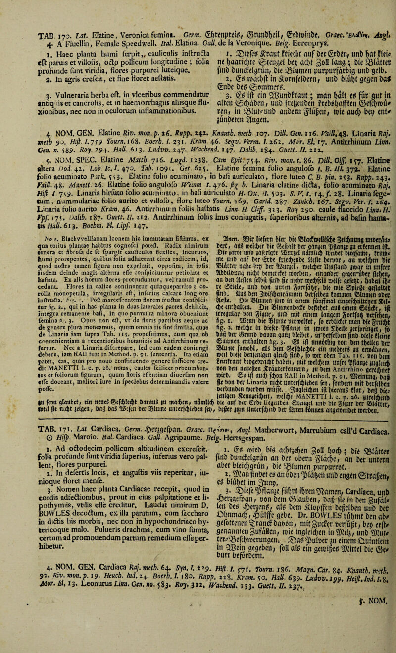 TAB. 170. Lat. Efatine, Veronica fetninft. Germ. (S^runb^eil/ Wtvinbe. Cr<jec**E\Ä, jitigU 4. A Eiuellin, Female Speedwell» /ro/. Elatina. GaÄ.de la Veronique, Btlg. Eerenpi'ys. I» Haec planta humi ferpit,, cauliculis inftruda 1. ^raut ffiecl)t auf Dei:(£r&en^ unö JUi# cft paruis et villofis, oftp pollicum longitudine ; folia ne l)aarid)tc @teugel t>ey ad)t goH lang; &ie ä3{attct profunde funt viridia, flores purpurei luteique» finö buncfel^rün, bie ;öiwmen purpurfarbig unb gelb» 3. In agris crefeit, et fine floret aeftatis. 2» in Äürnfelbcrn/ UUb blul)t gcgcn ba^ (£nbe beö 0emmcrö. 5. Vulneraria herba eil, in vlceribus commendatur 3» j|f ein QiÖunbftaut; man l^alt eö für gut irt antiq liset cancrofis, et in haemorrhagiis aliisque flu- alten (Scl)dben^ unb frejienben frcbebajften (55efcl)n>ü^ xionibus,nec non in oculorum inflammationibus. tm , in ^^lut^unb anbern ^^lÜ^’Cn^ mit auci) bei; ent^ jünbeten Singen» 4 NOM. GEN. Elatine Riv, mon. p. tS, Rupp>. 242, Knautb. fneth- 107. Ditt. Gen. 116. ^///»48« Linaria Raj, metb 90. Hifl. 1.7f9 Tourn.16%. Boerh. /.231, Kram 46. Segv. Kerm. /.2^2. Mor, Ei 17. Antirrhinum Linn, Cen. n. 589. Ä07.194* 613* Ludvv. 247. IVachend» 147. Dalib. 184. Guett. //.212» 5» NüM, SPEC. Elatine Mattb.716. Lugd. 1238. Cam Epit:7*^/^. Riv. mon.t,%6. DiH.GiJf. 1^7. Elatine altera /)od, 42. Lob Ic.I. 470, Tab. 1091» Gtr. 625.^ Elatine femina folio angulolb /. ß. UI, 372. Elatine fülio acuminato Park. ^3. Elatine folio acuminato, in bafi aurieuUto, flore luteo C. B- pin, 2^3. Rupp. 243» Manett. 26. Elatine folio angulolb n^imm t.^j6. fig b. Linaria elatine dida, folio acuminato Raj» hift J 7S9. Linaria hirfuco folio acumuiaco, in bafi auriculato H. Ox. >1. 503» S. V. t. \^.f. 28. LinariaIcge- cum, nummulariae folio aurito et villofo, flore luteo Tourn. 169. Garid. 287 Zanich, 167. Sctü. Ver. J. 2dr4» Linaria folio aurito Kram. 46. Antirrhinum foliis haltatis Linn- H CUff. 323. Roy 290. caule flaccido LinntH. ypf. 171« '-^alib. 187* Guett. li. ii2, Antirrhinum foliis imis coniugatis, fuperioribus alternii) ad bafmhama-r hall. 613. Boehm. Fl. Lipf. 147» ho a. Blackwcllianam iconem hiG immutatam fiftimus, ex qua tötius plamae habitus Cögnofci pöteft. Radix nimirum tenera et fibrofa de fe fpargit cauliculos flexiles, incuruos, humi prorepentes, quibus folia adhaerent circa radicem, id, quod nollra tamen figura non exprimit, oppofita, in ipfis iisdem deinde magis alterna cfle confpiciuntur petiolata et haftata. Ex alis horum flores protruduntur, vel ramuli pro¬ cedunt, Flores in calice conrinentur quinquepartito ; co¬ rolla monopetala, irregularis efl, inferius calcare longiore inftruffa. hp. <. P0Ö marcefecntem florem fruÄus Confpicü tur fi^. 2., qui in hac planta in duas laterales partes, dehifeit, integra remanente bafi, in quo permulta minora obucniunt femina 3. Opus non cft, vt de floris partibus aeque ac de genere plura moneamus^ quum omnia iis lint limilia, quae de Linaria iam fupra Tab. nt. propofuimus, cum qua ob conucnientiam a recentioribus botanicis ad Antirrhinum re¬ fertur. Nec a Linaria diferepare, fed cum eadem coniungi debere, iam RAII fuit in Method. p. pr. fententia. Ita etiam patet, eas, quas pro nouo conllituendo genere fuffiierc cre¬ dit MAN ETTI 1. c. p. 26. notas, caules fcilicet procumben-- tes et foliorum figuram, quum floris eflentiam diuerfam non efle doceant, meliori iurc in fpccicbus determinandis valere pofle. iu f<nn qlaubet/ efn neucg ®cfcble(bt bardiiS 1« ma(b«n, n^mtfd mil fw nicbt leigcn, Dag DaS taScfen bte iölutne utiterfcbiebett jci) artiti. üBtr liefern Mer We ^larfaeBif®« 3ei(btt«ttfl «iiMnltta bert, dn§ tDcIiber Die ©ciinlt btr gnnjen ^^anie iu erfennen i|i. ©iejarte utiD iaferigte 5Buriel ndinUib treibet biegfame, fritili* me uiiD auf ber iSrDe fvit(l)«nDe 2ie|ie beiDOr, ön mli^en Dic SBlattcr nahe bep ber ?©urjcl r tbelcber UttijlanD jtpar ia unftet SibbilDung niebt bemerket roorbtn, einanber ge9enufeer an ben;ie(ieii felbjl fmb fie mct)r raecfifcB weife gefeilt, öaben iB« re atiele, unb oon unten ^ortfd^e, bie wie 0pie6e gefaltet ftno. 3lu§ ben 3»if(öenrdutnen berfelben fömnien iBlumen obec Stege. Die ißluinert iinb in einem fdnjfmäl eingefetmittnen Äel* ^e entljalten. Die Slumenbetfe bejlelxt aüi einem ©tdife, tft irregulär »on Stgur, unb mit einem langem Sortfnft ötrfeBen, fig. 1. 2Bcnn bte SSltime öermelfet, fo erblicfet man bie Sratfet fig. 2. melcBe in biefer 'Pflanje in imeen tiihh lerfpringet/ fo bas ber iSrimb baoon gauj bleibet, in'betfclben fmb Picle fleinc Saamen enthalten fig. 3- SS ift Unndtbig Pon ben tbeileij ber Sblume foroobl, «B bem ©efcbledite ein mebrerS m erwobnen, tpcil bufe benjenigen gleid) fmb, fo tpir oben Tab. ns. pon bem Seinfraut beogebraebt babeti, mit »elibeirt unfre 'Pflnnae ingleiifi pon ben neueren jtrduterfennern, iu bem Antirrhino gerecbitet wirb. @0 i|t au(f.i febon RAii in Method. p. 91. TOnnng, bag ge Pon ber Linaria nicht unterfebieben fep, fonbern mit berfelben Pei’bunben werben itmtTe. ^ngleicben ifl bitrnuö flar, bng bie« jenigen Sennieicberi, trelibe manetti 1. c. p. aß. aureitbenö ) bie auf ber (£rbe liegcnbcn ©tengel unb bie Sigur ber Sgidtter» , be§er ium Unterfcbiib bet Sitten fdnnen ongetpenbet werben. TAB. 17 t. Lat Cardiaca. Gen», .^er^gcfpan. Graee. Angl Matherwortj Marrubium callM Cardiaca. © Hifp. Maroio. lial. Cardiaca. Gail. Agripaume. Belg. Hertsgespan. 1. Ad ododecim pollicum altitudinem exerefeit, folia profunde Eint viridia iiiperius, inferius vero pal¬ lent, flores purpurei. 2. In defertis locis, et anguftis viis repentur, iu- nioque floret menfe. 3. Nomen haec planta Cardiacae recepit, quod in cordis adfeftionibus, prout in eius palpitatione et li- othymiis, vtilis efle creditur» Laudat nimirum D. OWLES decodlum, ex illa paratum, cum faccharo in difkis his morbis, nec non in hypochondriaco hy- tcricoque malo. Pulueris drachma, cum vino fumta, certum ad promouendum partum remedium efle per¬ hibetur. I. g« »itb biä ac^tje^cti Soa I)otft; bi« 95lott« rmb Cuncfcl,9tiin ati ber obem Sladjc, an ber uniem aber blcid;grun, Die flumen purpurrot» V üben glühen unD engen ^irafien# e^ blühet im 3=uni;. ' 3* it)iefe ^flanje führt ihren tarnen, Cardiaca, unb ^erjgefpan, pon bem ©lauben, baf’ fte in ben giifali' len beö »^erjenö^ aB bem .^loptfcn bcjielben unb Der Dhnmad), .giuljfc gebe. Dr. BOWLES rühmt Den ab# sefottenen'$:rancf Daobn, mitBuefer berfu^t/ bei) erjf# genanntenBufdflen, n)ie lngleid)en unD ^ut#. tcr;^^:^efchmerungen* ^)>ulper ju einem 0.uintlein in <2Bein gegeben/ füllalö ein getol^e^ 5}tlttel Die 0e# bürt beforDcrn» 4» NOM. GEN. Cardiaca Raj. meth. 6^ Sp. 1.1^9. Hiß. I. Tourn. 186. Magn. Car. 84. Kuaiith. meth. 92. Riv. mon.p. 19. Heueb. Ind.i^. Boerb. /. 180. Rupp. 228. Kram. 50, HaU. ^39. Ludvv, 199. Heifl.JndiL^ jidor. El. 13. Leonurus Linn. Gen, no, 583» Koy. 312* Waebend. 133* Guett. //* 237». f» NOM»