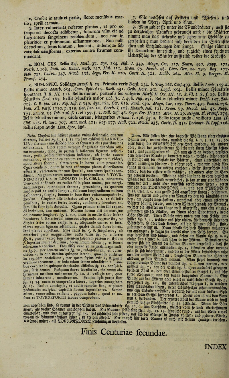 tioi aprilictmaio. blu^cu imSlprii unö ^ai> Inter vulnerarias refertur plantas , et pro eo g)^?an ^a^lct fie unter bte ‘2BunbFrauter , iueit fte fcopo ad decofta adhibetur, foliorum vfus; efl: ad ju ber5letd)en ^ranfen flebraud)t ix>irb ; bie '^idttec Itagnantem fanguinem refoluendum, nec non in nimmt man baö fiebenbe unb geronnene ©eblute üu pleuriode et pulmonum inflammatione. Non nulli 5ertl)ei(en; man bebient ficb bcrjclben im @eitenjle^ decoäum , intus fumtum, laudant, itidemque fub eben unb Sntjünbungen ber £unge. ©nige rubmett cataplafmatisjforhia, exterius contra ftrumas com- ibr Decoftum innerlich t unb jugleicb einen feuchten mendant. Ueberfchiag ber Q5ldtter duferlid) miber bie tropfe* 4. NOM. GEN. Belli« Raj» Meth. 37. Hiß, L 349. JMagn^ Cav, 127. Tourn, 490. Rupp, 172* Boerb.LioS, VailL^o, Knaut,metb, 147. Hol. izi. Kram. 79» Heuch. 48. Linn, Gen, no. 795^. Äo^. 177. Hali. 722, Ludvv, 347- 238* Sega, Ver, II. 220. Cuett. Ih ^o^. Dalib. 264. Mqy. El. 9. Bergen. Fl. Franc/. 274. NOM. SPEC. Solidago Brmf. 7/. 29. Primula veris Dorfl. 234. b. Trag.j6i. Caef.^9^. Bellis Lonlc.i^s.a. Bellis minor Matth. 6s,Cam. £pit. 655. /JweÄ. 441. Gefn. Hort. 2fo. Lugd. 8^4. Belli« minor lylueftr» fpontanea J. B. III. in. Bellis minor, pratenfis feu vulgaris Morif. H. Ox. III. 31. 5*. VI. t. 8. /. 29. Bellis fylueftris Dod. 26^. Bellis fylueltris maior Lob. Je. 7.476. Hifi. 2^2. Bellis fyluettris minor Fuchf. iJ^r^.Jab. 708. C. B. pin. 161. Ra;. Hifi. /. 349* *84. Ger. 636. Park. 530. Magn, Car. 127. Tourn. 491. Ponted.276. Vaill. AÜ. Pari/. 1720.^. 3 59« 20. Boerh. 1. log. Knauth. Hai. 121. Kram. 79. Heueb. ind. 48. Rupp* 171. Zanicb. 35* Fab. 206./. i. et 197./. 2. Dill. Gijf. 46. Segu. Ver. II. 221. Mor. H. 29.Bergen. Fl. Franc/. 274. Bellis lyiuelhis minor, caule carens, Margarites JVeinm. t. 236. fig. a. Bellis feapo nudo , vnifloro Linn. H. Cliff. 418. Fl. Suec. 707. Mat. med. 40J. Roy. 177. Hall. 722. (Vacb. 238. Cuett* II. 352. Boehmer. Fl.Lip/.2i6. ßellis feapo nudo Linn. Spec, 88^. Kola. Duplex hic fiflitur plantac vnius delineatio, quarum alteram, feilitet fig. l. i. j. 12.13. hm exhibuitBLAKWEL- LIA, alteram cum dilTeöo flore et feparatis cius partibus nos adiunximus. Licet autem vtraque lingularia quaedam offe- rat momenta, quae, in primis fi foliorum figuram rcfpici- monemus, vtramque ca tantum ratione diferepantem videri, quod altera fponte , altera vero in horto culta proueniat. <^ae conditio, quum in vna cademque planta diuerfitatem effecerit, varietatem tantum fpeciei, non veras fpeciescon- ftituit. Magnum earum numerum deprehendimus ä TOVR- NEFORTIO 1. c. et LINNAEO in H. Cliff. 1. c. adnotatas. Teneriori et fibrofa ex radice folia plura ouata, per margi- iicm integra ,■ quandoque dentata, procedunt, ex quorum medio poft ea caulis longus , foliorum longituainem multum 6xfupcrans, furgit, flimmo in loco flore vnicocompofitoin- ßruftus. Cingitur ille inferius calice fig. J. c. ex foliolis pluribus, in varias feries locatis , conflante ; breuiora au- Tittm. SBir jldim bl<c dne boppdtc Slbbilbung einer elnilgeii ^flanje »or, tpoöon eine, nemlich bie fig. i. i. 5. 12. 13, be* reit^ biireh bie geKicjinet moeben , bie anbere aber, nebjl ber icrfcbnitteneii 5Blntbe unb ibren Sbeilen befotu» . ... . berö, un^ aujufcbreiben ifi. ^)b nun glei^ an bei)ben »erfdbie» mus, poflit fpeciei differentiam indicare ,^ab initio tamep bene bcfonbere ©tiicfe ju bcinerfen wdrett, welche, infonberbcit in 2lbficht auf bie ©ejialt ber Sldttet, einen Unterf^icib ber Slrten aniujeigen f^eineu, fo rubret boih , »ie wir gleich 3ln* fangö 3U erinnern fur nothig era^ten, biefer Unterfcheib blo5 baher, bag bie ergere wtlb wdchfet, bie anbere aber im ©ar* ten gejogen worben. Slllein ba biefer Umjlanb in eben berfclbeit spflanae ben Unterfcheib oerurfa^et, fo fan tr nur eine Sibdnbe* rung ber 3lrt, nicht aber wurflich »erf^iebene Slrten , berea wir oon bem 1. c. unb oom £33igi2ieU0 in H. Cliff. 1. c. eine gro|Te Snbl angefubret jinbcn, befiimmen. pg ber aarten unb aaferigtenSßurael treiben bie Idnglidits run* ben, am giiwbe ungetheilten, mandimal aber etwaö geferbtea »latter hflnffig^heroor, aus beren TOten hetnach bet©tengelf weiter bie 5Slatter an Sdnge weit öbertriffr, unb eine einaige^ aufammen gefegte 33lüthe, an feinem obern ßnbe trdget, in bie gohe f^ielTet. S>iefe ^luthe wirb unten oon bem Welche um* hnöet hg* 2. c, welcher- auS fehr »leien, Sleihcnweife fiehenbea Jölattchen, fo aber hoch Heiner, als bie Sluinen felbft , fmb, aufammen gefegt ifl. X)enn fobalb fich biefe ©Imnen auSaubrei* ten anfangen, fo ragen fie bereits über ben 5Sel^ her»or. (£i* mge berfelben finb langer, unb flehen am Sdonbe fig. 3, a. a, einige Jmb Heiner b, unb fi^en in ber^Dlitten. 95iSweilen»er* mehret fich bte Slnaahl ber auffern SBlumen bergejlalt, baß fic eine hoppelte Sleihe auSmochen fig. 4, bisweilen aber »erbop* peln Je lieh tnSge|ammt, unb bie in ber 3)?itte befinblichen neh» men ber duffem ©ejlalt an ; betglei^en äsiumen bie ©drtnec alSbenn gefüllte SBlumen nennen, ^an flehet bemnach eine aungenformige ©lume beS SlanbeS fig. 5. 6. pon »orneii, »er* grojTert fc. 7, oon ber 0eite fig. 8. ihren auSwdrtS gebognen »reitern Shell e, pen oben etwas gcthcilten ©ritrcl f, baS fehc nirae ylohrgen g, unb ben barnn hdngenben ©oamen h. (Sin^ piume ausber Bitten aber aeigetin natiirlidier ©rolfe fig. 9, fph*^brif^eS mdhrgen i, in weliheta tuiitr Ofeijibfaben liegen, beren ©taubfpi^en aufammen wachfen, unb eine ©chetbe oor(lellen, woburih ber mit einer biefern 0pi* tic oerfehene ©rijfel heroorragt Je. |)tefer aber ip mit bem @aa* men abgefallen finb, fo fommt in ber SDlitten baS ®lumenbette fig.*^2. df*S ^Kn^ mllerfbe^fooiei^SerUeffu?^^^^^ aeiget, alS »orher ©aamen angehangen haben, m ©aarnen felb| fmb fleiHg 13 14 idZm rimb ber^SÄ? cinsrtrtot, util. fig. .5. |8f,tefdtm, te ÄTÄ', Snbm hm eff worauf bie Slumenfnopffgen ^ehen , au treiben pfleget. Ser annoch lehr larte ©aame ifl S mit S«! ^ »ufowol uofere, als XPUfKmdOmze Zeichnungen »orflellen. ' oerfehcHy tem illa funt ipfis flofeulis. Quam primum enim illi expan¬ di incipiunt, iam eminent. Florum horum alii in margine collocantur longiores fig. 3. a.a, intus in medio difeo fedent breuiores f'. Exteriorum numerus aliquando augetur fic, vt duplex feries eorum cxiftat (i/. 4, aliquando omnes et inte¬ riores eorum figuram adfumunt, quales deinde flores hortu¬ lani plenos appellant. Flos radii fig. ?. 6. lingulatus , ab anteriori parte magnitudine auöa vifus fig. 7^ a latere fig. 8 , praeter extrorfum patentem latiorem partem f, flylura /. fuperius leniter diuifum , brcuilTimum tubum g, et femen adnexum b continet Flos difei vero in naturali magnitudi¬ ne 9, per lentem auöus fig. 10, tubulofus cft, et cylin¬ dricus 1. in quo flamina quinque latent , quorum antherac in vaginam coalefcunt , per quam flylus exit k, ftigmate crafiiore coronatus, et huic etiam femen adnafeitur /. Lim- bus corollae in quinque denticulos difleäus fig. li. confpici- tur, fatis acutos Poflquam flores fcccfferint, thalamum ob- feruamus medium eminentem/^, ii. I, vefligia tot, quot femina inhaerent , monflrantem. Semina ipfa parua funt fig. 13 14. ouata et comprcffa a latere , fuperius cmarginata fig. 15. Rarius contingit, vt caulis ramofus fiat, et plures pedunculos accipiat, capitulis florum fuperbientes. Semen etiam , tenue adhuc exiftens , pappum habet , quod et no- ftrac et TOVRNEFORTIl icones comprobant. Finis Centuriae fecundae. INDEX