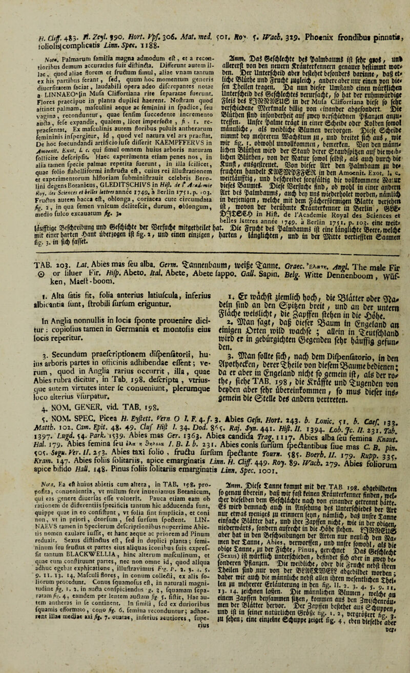 tt. CUff. 483- A Zejl. 990. Hort. Vpf. 306. Mat, med. ^or. Roy ?. ITach, 329. Phoenix frondibus pinnati«, foliolis]complicatis Linn.Spcc. 1188. Nom. Palmarum familia magna admodum eft, et a recem- tioribus demum accuratius fuit diftinfta. DitFcrunt autem il¬ lae, quod aliae florem et fruöum fimul, aliae vnam tantum ex his partibus ferant, fed, quum hoc momentum generis diuerfitatem faciat, laudabili opera adeo diferepantes notae a LINNAEOjin Mufa Cliffortiana rite feparatae fuerunt. Flores praecipue in planta duplici haerent. Noftram quod attinet palmam, mafculini aeque ac feminini in fpadice, feu vagina, reconduntur, quae fcnfim fucccdente incremento auSa, fefe expandit, qualem, licet imperfefte , fi . r. re- praefentat. Ex mafculinis autem floribus puluis antherarum femininis infpergitur, id , quod vel natura vel ars praeflat. De hoc foecundandi artificiofufe diflerit KAEMPFFERVS in Jimoenit. Exot. I. c. qui fimul omnem huius arboris naturam follicite defcripfit. Haec experimenta etiam penes nos , in alia tamen fpecie palmae repetita fuerunt, in illa icilicet, quae folio flabclliformi inftruöa eft, cuius rei illuftrationem et experimentorum hiftoriam fubminiftrauit celebris Bero- lini degens Botanicus, GLEDITSCHIVS in Hiß. dt 1* A cm demit Koy. det Scitnces tt bellet Itttres annee 1749.8 Berlin iy$ i.p. <03. Fruftus autem bacca eft, oblonga, coriacea cute circumdata fig. 2, in qua femen vnicum delitefcit, durum, oblongum, medio fulco excauatum fig. 3* Idufftige 35efchrctbu«0 unb ©efcbicbte ber 2Serfu<be mitgetbeilet | mit einer garten 'Oaut überjogen iß fig. a, unb einen einigen, fig. 3. in ftet) faflet. 2inm. Da! ©efcblecbte bei tyalmbauml iß febr g»o!, un& allererfl oon ben neuern Ärduterfennern genauer beßimmt woc* ben. Der Unterleib aber beliebet befonber! barinne, baß et* Itcpe©lutbeunb Srucbt jugletcb, anbercabernureinen oon bie* fen feilen tragen. Da nun biefer Umßanb einen würfligen Unterfcbeib be! ©efcblecbte! oerurfaett, fo bat ber nibmwürbige tfletl be! E3913151EU© in ber Mufa Cliffortiana biefe fp febc oerfebtebene $D?erfmale billig opn dnanber abgefpnbert. Die »lutben ßnb infonberbeit auf iwet) oerßbiebnen Spanien amu* treffen- Unfre fyalme trdgt in einer ©cbetbe ober halben fowol männliche, al! weibliche ©lumen oerborgen- Dkfc ©ebeibe nimmt bep mebrerem 2Bacb!tum ju, unb breitet ficb äu!, wie hm bbmpbl unoollfommen, bemerfen. ?Bon ben mann* ©taub berer 6taubfpi$en auf bie we>b* heben ©lutben, oon ber Sßatur fowol felbß, al! aueb burtb bie Runjt, au!geßreuet. Sßon biefer 9lrt ben ^almbaum ju be« fruchten banbeit ÄSlSWSSggi in ben Amoenit. Exot. 1. e. weitldujftig, unb betreibet forgfdltig bie oollfommene Statut ®<rfucb< finb/ pb wobl in einer artbertt 2lrt be! ^almbaum!, aueb bep un! wieberbolet warben, nämlich tnberjemgen, welebermit bem Sdcberformigen ©latte »erfebeti berühmte Srauterfenner in ©erlin , ©8®* in Hift. de l’Academie Royal des Sciences et bc^i?,lc“rcs ann^e '749- a Berlin 1751. p. 103. eine Weit* tt. Die arucbtbe! ^almbaumi ijl eine Idnglt^te S8eere,weldbc barten , Idngliebten, unb in ber SRitte oertiefften ©aamett TAB. 103- Lat. Abies mas feu alba. Germ. ^annenbauttt/ tt>d§e ^anne. Graec. And. The male Fir 0 or iiluer Fir. Hifp, Abeto. Jtal. Abete, Abete fappo. Gail. Sapin. Beh. Witte Dennenboom Wüf- ken, Maeft-boom. 1. Alta fatis fit, folia anterius latiufeula, inferius albicantia iiint, ftrobili furfum eriguntur. In Anglia nonnullis in locis fponte prouenire dici¬ tur : copiolius tamen in Germania et montofis eius locis reperitur. 3. Secundum praeferiptionem diipeniatorii, hu¬ ius arboris partes in officinis adhibendae eilent; ve¬ rum , quod in Anglia rarius occurrit , illa, quae Abies rubra dicitur, in Tab. 198. deferipta , vtrius- que autem virtutes inter le conueniunt, plerumque loco alterius vfürpatur. 4. NOM. GENER, vid. TAB. 198. 1. €r bie glatter ober SSla* beln ftnb an Den ©pi^en breit, unb an ber untern glacie weiglicbt, bie Baffen jfeljen in bie «66be. 2. 5^an fagt, ba§ oiefer ^5aum in (^ngetanb an einigen £)rtenfn>ilb roacbfe ; aßein in ^eutfcblanb nnrb er in geburgic()ten ©egenben fei>r Muffig gcfun^ 3. ^Otan fußte ftc^, nac^ bemDifpenßtorio, in ben 2(pett)ecfen, berer ^Ijdle uon biefem ^aume bebienen • ba er aber in gngelanb nicht fo gemein ift, ate ber roi tbe, ftebeTAB. 198, bie ßrdflfte unb ^ugenben oon bepben aber fehr Übereinkommen, fo muö biefer in$* gemein bie ©teile beö anbern oertreten. 5- NOM. SPEC. Picea H. Eyftett. fern. O I. F. 4./. 3. Abies Gefn. Hort, 243. b. Lonic. <1 b. Caef. 132 Mattb. 102. Cam. Epit. 48. 49. Cluf Hiß 1. 34. Dod. 8^. Raj. Syn. 441. Hifi. U. 1394. Lob. Je. 11. 231 Tab 1397. Lugd. 54. Park. '1539. Abies mas Ger. 1363. Abies candida Trag. 1117. Abies alba feu femina Knauf Hai 179. Abies femma leu ia* „ i.B.l.b. 231. Abies conis furfum fpedlantibus fiue mas C. B bin W.Stgu.rer.lI.if 3. Abies taxi folio, fruäu furfum fpeftante Tourn. 58?- Boerb. 11. 179 Run 22/ Kram. hj. Ab.es folns folitarns, ap.ee emarginatis Linn. H. Cliff. 449. Roy. 89. JVach, 279. Abies foliorum ap.ee bihdo Hall. 148. Pinus folns folitarns emarginatis Linn. Spec, 1001. Mota. Ea eft huius abietis cum altera, in TAB. 1518« pro- pofita, conuenientia, vt nullum fere inueniamus Botanicum, qui eas genere diuerlas efle voluerit. Pauca etiam eam ob rationem de differentiis fpccifici* tantum hic adducenda funt, quippe quae in eo eonfiftunt, vt folia fint hmplicia, et coni non, vt in priori, deorfum , fed furfum fpeflent. LIN- HAEVS tamen in Specierum deferiptionibusnuperrime Abie¬ tis nomen exulare iuffit, et hanc aeque ac priorem ad Pinum reduxit. Sexus diftinöus eft, fed in duplici planta; femi¬ ninum feu fruöus et partes eius aliquas iconibus fuis expref- fit tantum BLACKWELLIA, hinc alterum mafculinum, et quae eum conftituunt partes, nec non omne id, quod aliqua adhuc egebat exphicatione, illuftravimus E-?. 2. 5. 4. 5. 9. ii. 13. 14. Mafculi flores, in conum collefti, ex alis fo¬ liorum procedunt. Conus fquamofus eft, in naturali magni¬ tudine fig. i. 2. in aufla confpiciendus ■ g. 3 , fquamam fepa- ratam fin. 4, eamdem per lentem auftam fig- y. fiftit, Hae au¬ tem antheras in fe continent. In fimili , fed cx durioribus fquamis efformato, cono fig. 6. femina reconduntur 5 adhae¬ rent illae mediae axi fig, 7. ouatac, inferius acutiores, fupe- rius attm. Ster« xantw fpmmt mit h«r tab ipg. abgebllbetw J genau ibmtn, baß wir faß feinen ffrduterfenner finöen, mef. (bec biefelben bem ©efcbldcbte na^ opn einanber getrennt batte wirb bemnacb aueb in 9lnfebung be$ Unterfcbiebel ber 2lrt nur etwa? wenige! ju erinnern fei;n, nämltcb, ba§ unfre tannt einfache SSldtter bat, nnb ihre 3apffen nicht, toit üi ber obigem meberwart!, fonbern aufrecht in bie £dbc ßeben. mgiffu® aber bat in ben 35efcb*>eibungen ber 2(rten nur neuliÄ ben Was men ber Janne, Abies, oerworffen, unb unfre fowobl, al! bie obige tanne, ju ber Siebte, Pinus, gerechnet Da! ©efcftlecbt (Sexus) tß wdrflicb unterfebieben, beßnbet fub aber in jwen S* font(KH Wamm. ©i, oKt mVära&n«™ Xb«Un fmb .nur oon ber ®89l€»®€88 abgebilbet worben baber wir auch bie männliche nebß allen ihren mefentheben len iu mehrerer Erläuterung in ben fig. 11.2. 3. 4.T 0 ,, 13. 14. Mienen laßen. Die männlichen SBlumen, welche an einem 3apffen benfammenfiften, fommen au! ben 3wifchcnrdm men ber 35ldtter beroor. Der 3aptren beliebet au! ©dmooen unb iß in feiner natürlichen ©roße fig. t. 2, oergrdfiert fieP<a' iu febeni eine eimelne ©ebuppe leiget fig. 4, eben biefelbe aber otr<