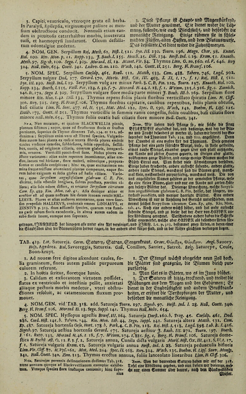 3- Capiti, ventriculo, vteroque grata efl herba. 3* ®icf<J ifl Unb tDJfl^rnflarFrnbf In Paralyfi, Epilepfia, virginumque pallore ac men- UiiD bet -JDiUtter fletbiDttlft. (^ic bicntt IDlbfr^bic £al)* fium obllrudione conducit. Nonnulli etiam ean- mutig, fallcnbf, toic OUCl) 55lciCl)(UCl^f/ Unb bcforb(?tt DlC dem in pituitofis catarrhalibus morbis, inueterata monatUdiC Reinigung. Einige rühmen fte in fd)lcU tu ili, et haemoptyfi laudarunt. Oleum deffcilla- mic&tfn gluffen, alten ^UjlttJ/Unb Dem !&IutauOmurfe. tum odontalgiae medetur. DcftilÜrfeOet bicnt tt)tDer Die Sabnfcbmerjim. 4. NOM. GEN. Serpillum Raj.Meth.6i. Hift.l. 521. Syn.IIl. 230. Tourn. 196. Magti. Char. 98. Knaut. Hal. 100. Riv.Mon.p. 11. Rupp.z34» J.Baub.I. Ijy. Heucb.is* Dill.\p,\. Hetfl.lndJ.it). Kram.s 1. Knauth. Meth.97. Sigesb. 100. Segu.I. 309. Morand. El. 12. Manet. Vir. 84. Thymus Linn. G.no.l6o. ed.V. 646. Roy 324. Hall.Helv. 6 j4. Goett. 341. Ludvv. G.no.no. Wacb.i^i. Guett.ll. 251. Berg. Pl. Franc/. 106. NOM. SPEC. Serpillum Caefalp. 4Ruell. ^12. Mattb. 533. Cam. 488. Tabem,^^6, Lugd, 902. Serpyllum vulgare Dod, 277. Gerard.s,jo. Moris. Hift. Ox. 111. 403. S. XI. t. 17. f. IJ Raj. Hiß. /. ^21. Syn. HI. 230. Heift. Ind. 1. 29. Serpyllum vulg are minus Park. 8. C.B. Pin, 220« Tourn. 197, Knauth.Hal. 100. Rupp. 234. Boerb.l. 15?. Vaill. Par. 183. t. 32./. 7. Morand. H.44. t.i&.f. 1. Weinm.yitj.t.^iC.fig.c. Zannicb. 246./C. 17a. Äg« /. 309. Serpyllum vulgare flore media parte minori J. Bauh. 111.b. 269. Serpillum flore minore Riu.Mon.t. 42. Di#. 134. Thymus repens foliis planis floribus verticillato fpicatis Linn. H. Cliff. 306. /foy. 32}. y>erg. Fl. Franc/, 106. Thymus floribus capitatis, caulibus repentibus, foliis planis obtufis, bafi ciliatis Linn, Fl. Suec. 477- cd. I/. 53s.Mat. Med. 282. Spec. II. ^90. JVacb. 142. Boehm. Pl. Lip/. 12$. Dalib. 173. Guett, H. 212. Thymus verticillis in fummis ramis congeftis, foliis oualibus, bali ciliatis flore minore Hall.Helv. 654. Thymus foliis ouatis bafi ciliatis flore minore Hali. Goett, 341. ,\o a. Non mutatam, et qualem BLACKWELLIA pinxit, plantam fiftimus ; eaqüe, quae ad ftrußuram floris et fruflus pertinent, luperius de Thymo dicentes Tab. 134. et 2n. ad¬ duximus ; ferpillum enim vera eft Thymi fpecies. Vulgatis- fima autem haec planta ex radice tenera fibrofa plures emittit caules vndique ramofos, fubhirfutos, foliis oppofitis, feflili- bus, ouatis, ad originem ciliatis, ceterum glabris, integerri¬ mis, ornatos. Verticilli pauci-flori funt. Huius plures cx- iftunt varietates: aliae enim repentes inueniuntur, aliae ere- fiae, Jaeues vel hiriutae, flore maiori, minorique , purpura- fcente et candido conlpicuae ; hinc ea, quae excitauimus no¬ mina frequentifP.tne obuenienti plantae competunt, eaque flo¬ rem habet exiguum et folia glabra ad bafin ciliata. Varie¬ tas , quae Serpyllum anguftifolium glabrum C. B. Pin. dicitur, folia oftendit longiora, fubtus punflata, parcius ci¬ liata; alia folo odore differt, et vocatur Serpyllum citratum Cam. Ep. 489- Ritt. Alon. tab. 41. Alia denique altior et ereßior eft ad quam noftram hic datam iconem retulit HAL- LERVS. Plures et alias auöores annotarunt, quas vero feor- fim propofuit HALLERVS, coniunxit omnes L1NNAEVS, et Z1NN1VS p. 313. duas adfumfit fpecies, quarum vna flami¬ na gerit tubum floris excedentia , in altera autem eadem in tubo floris latent, cumque non fuperant. 2(nm. 3£tr liefern btefe tyftanje fo, voit folche bi< Srau abgebilfcet bat, unb baSlenige, i»a$ b«) beruht» itu tinb §rucbt befenberg ju merten tjl, haben t»tr bereits beo ©e» legenbeit beS Xbumian* Tab. 134. unb 211. angefubret. Denn ber jQuenbel t(l eine rcabre 91rt beS XbtjtmanS. $Wf< g«ttu»nc ^flanje bat eine larte fdfriihte 2BurieI,»tcle, in 9lejle geteilte, etroa« raube Stengel, einander gegen über unb platt anfujenbe, am Sftanbe mit jdrten paaren gelierte, im übrigen aber glatte, »oUtommcn ganje 93ldttcr,unb einige menige 33lumen machen bie SBlutb ßircul aus. Eftan finbet niete 3ibrceicbungen berfelben. ©inige haben fritihtnbe, anbere aufrecht flebenbe, anbere glatte/ anbere raube Stengel, manchmal finb Die 25lumen grog, manch* mal flein, meiPentbeilS purpurfarbig, manchmal mttf. Die bon unS angeführten tarnen geboren ju ber gemeinten Dflanje, t»el» che eine tleine 5Mume, glatt unb nur am Staube mit jarten£dr.* gen befetsfe glatter bat. £)ieienige Üibmeichung, tuelcbe Serpyl¬ lum anguflifoiium glabrumC. B. Pin. beiffet, bat Idngere, un* terbalb punßirte, unb roeniger baartgte SBlätter. ©ine anbere Slbmeichung tft nur in Slnfebung beS ©erud)S unterfebieben, man nennet folcheS Serpyllum citratum Cam. Ep. 489. Riu. Mon, tab. 41. Siocb eine anbere rodebfl höher, unb bat mehr aufreiht flebenbe Stengel, unb ju biefer bat ber J>err »on-frilfSSüt un» fere 'Jibbilbnng gerechnet, ©erfchiebene aubere haben bie Schrift» fieller anaemerfet, welche aber #9ll?£©3v als befonbere3lrten für» getragen, bat hingegen alle unter eine SIrt bereiniget, unb 332Ö9E l.c. p. 313. beflimmet imet) 2irt<n,tn Deren einer hit 6taubfaben über bie25lumenrol)ren beroor ragen, in ber anbern aber fürier jtnb, unb in ber Stohre gleichfam »erborgen liegen. TAB. 419. Lat. Satureja. Germ, (gaturei)/ @atran, ©engcnfraut. Graec. Qvy.ßpx, 0uy/?^ov. Angl. Sauory. Hifp* Agedrea. ltal. Savoreggia, Satureia. Gail, Conillon, Sarriet, Satree. Belg. Satureye, Ceulc, Boon-kruyt. t. Ad nouem fere digitos afeendunt caules, fo- I. (^tencjel ohtlgefeht tlfUtt ()0$> lia gramineum, flores autem pallide purpureum t»ic Q^ldttCt fttlD gtaegruil/ Di< SÖUltmn blcicl) pur^ colorem referunt. put'fdrbig. e ^ 2. In hortis feritur, florctque Iunio. 2, fdetfbin ©arten, wo e^ immuni) blühet. 3. Calidam et exficcantem virtutem poflidet, 3. £)et ©aturep ift hi^9/ trocfncnb, unb treibet bie flatus ex ventriculo et inteflinis pellit, anxietati Blähungen aub bem tOiOgen unb ben ©ebdrmen; 0f aliisque pedoris morbis medetur, vteri obftru- bienet in bet ^ngbrufligfeit unb anbern ^ruftfranf» €liones refoluit, ac catamcniorum fluxum pro1' heiten, er erofnet bie ^Berflopfurigen ber Butter, unb mouct. beforbert bie monatliche 3veiniflung. 4. NOM.GEN. vidTAB. 318. add. Satureja Tourn. 197. Sigesb. 97. Heift. Ind. 1, 28» Hali, Goett. 340. Berg. Fl. Franc/. 106. Morand El. 13. Segu. Suppi 141« Thymus Hall.Helv. 654, 5. NOM. SPEC. Hyffopus agreftis Brun/.lU.i64. Satureja Dorft. 260.b. Trag. 4*. Caefalp. 461. Dod. 286. Cord. Hift. 14t. b. Tabem,- 44. Riu. Mon. tab. 44. Segu. Suppi. 141. Satureja altera Mattb. ^31. Cam. Ep. 487- Satureja hortenfis Gefn. Hort. 278 Park,4. C.B.Pin. 218. Raj.Hift. lj 18. Lugd. %9%.Lob.lc. I.\i6, Sigesb. 97. Satureja aeftiua hortenfis Gerard. 47^. Satureja aeftiua’ J. Bauh. 111. 272. Tourn. 197. Boerb. h'61. Ruop. 233, Morand H.46. t 28./.7, Weinm.iy^. tf%%<;.fig. c. Berg.Fl. Francf. 106. Satureja dome- flica H.Eycbji Aß. O. n. F. ?./. 2. Satureja annua. Cunila dida vulgaris Morif. Hift. Ox. 111.\n. S.XJ.t. 17* jf. 1. Satureja vulgaris Kram. ^2, Satureja vulgaris annua Heift. Ind. 1. 28. Satureja pedunculis bifloris Linn. Vir. Cliff. % 7. H.Vpf.\6\. Mat. Mcd.2t,<\. Spec.II. 08. Roy. 324. Wach. 13^. Boehm. Fl. Lip/. Sauv. Mon/p. I42. Hali. Goett. 340. zinn. 313. Thymus eredus annuus* foliis lanceolato linearibus Linn. H. Cliff. 306, Neta. Saturejae perennis delineationem dedimus Tab. 318. 2(nm. ©Otl b«C baurenben ©aturet) babetl l»tr auf ber 31?. nunc annuam quoque ad Biackweiiianum exemplar exhibe- «itu 3lbbtlbung gegeben, unb nun liefern t»ir bi<t<niae,i»el* mui. Vtraqu« fpecies flore frußuque conuenit; hinc fupe- nw ÜhtC b<Wr*t/ tlflcj) ÖtW ^IfldtbeUifcheil rius ©iufitr.