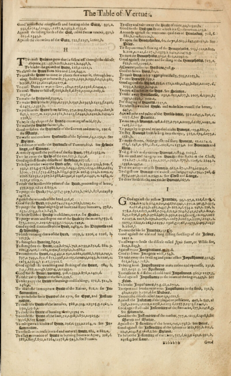 Good againft the roughneffc and fretting of the (£>ut0, 9 g 2 ,d.ioi 4 ,d.io 49 ,..ii 87 ,a,i 4 Sg,k.iS 3 J,f. Again It the tailing toiib of the «¿nt, railed Sara* ventrii, 490,b 619.8.1349,b. Againft t he vlccration of the »®ut0, 522,f.ii97 1 i.i6o5,b. . H T Tocaufc gained grow that isfillrn off through the difeafe ^fcprei 4 ) 9 S.'- 97 jh.it 8 o,b.i 27 i,b.t 448 ,h. To hinder the growth of l^atrc, n6,c i2ix,r. Toele^fthe ijjtrefrom Nits and Lice,644,a. To caul'« *hc l&airc to come in places that want it, through bur ning, fealding,or othcrwde,73,3.171,¡.191,^239,£245^.382, b.xo8l,£1145,¿1146^.1177,d. Toc.iufc l^atreco wax yellow, 480,0.776,0.1326,¿1494,<; Tocaufe $afretofalloff,506,^.8^8^.876,0.900,0.1089^ 1136,3- To make the l^ 3 itf red, 1396,c, ' To make D* 3 tiB blaeko,659,0.1331,b.1341 ,^1345,b.l4i 3/.1426, ¿1475,0.1491,b. To preferue the DjatrCfrom falling, 37,0.509,6719,0.805,0.821 ,b 845,1. ic07,m. 1291,3.136i,h.i4i3,f.l44i,h.i492 > b.l494» c » 1528,’. To heale tivf chaps of the J^anbS comming of c©ld,67, k. To makethe l*inB 0 fnacotli,ib. Good to foften the I^arBlUfte ofche Cnewes and matrix, 191 i fee 29 am*. To vraftc and confumc HjartmefTc of the Splecne,64,0.250,0. See £>pl«nc. Todiffolueor wade the laarDodle of Tumors,60,c. See £>&»!* lingo, and Cumoto. A remedy againft the povfonof thefca DjarC, 787^.1353,01. Tot ke away the of the eye,657,^845,d. ; . Good a gain ft fundry dtfeafesof l^atobeOjioyo.f. To hclpeortakc away the I^caD acb?> 68, b. 339,3 359,1,509, f, 532, a. 57 5, g.578,¿586^,623, ¿644,0.672,1.674,0.681,0.682, J.700,,. 715,f.719,d.8 74,b. 8 83,8.907,!». 916,g. 924,b. 1009, c, 1206.^,1232,0.1367,1.1388^1396^ 1428,0.1446,0.1484,0. 1551,01619,0. •focafc the intolerable paineof the S^caD, proceeding of bento, 339,3.341,0.821 d.853,<x To purge the i$ca&,> 7o,e. 31 7 ,g- 3 1 1 9 ,b, 7 66,b,8 j 8,c.r 39 8 p 1405,0. Againft the wonndsofthe head,3$6,a: Good fnrthej^eah,152,0.674,¡,714,a.767,b.i2ij.a. To purge the ijead mightily of foulcdndflimy humours, 378,3. 63 7,0.663,3.8 ti,b.845,h. To heale feabbed l$eat)0 inchildren,i2t8,e. fee ¿peats. To purge water and flegmc out of the tJcaB by the month,759, d. 877,i. 1002,n\lo20,0.1433,?.! 542,3.154491, Goodagainft dizzincftcotthe]^eaD, 1484,0. Sec JDiyjlntffiand &>tofmtnfng. To heale running vlcers of the S^caD, 1197,i. 1206, c 1226, lu 1257 ,k. To ftrengthen Rearing,8 5 ¿,a- To ftrengthen the $tart,i j 2 ,b. 674 ,i. 741,2.799^.85i,d. 882, p. roo!,g.r 4 o 6 ,d.i 264 ,a.i$oi,f.i 536 ,n,b.iS 86 ,c To comfort the J^eait,64,g-44t,* 59 0 J a - 6 6i,c:686,b.692,a.74t,a. 797,a 799,c.8y2;d 853,'.998,0.1023,dao 4 o,i, 1043,b.H26,a. 1163,a.i294,h 1 ^ 65 , Good againft t8e tremblingand fbakingof che 9 eatt, 584, b, 741 ,e.882,0.1047,1.1264, ¡,3.1343,0. Good for the $earr- burning, 308,3.339,3.876,3.1451^. To take away Create or the face,999,6 To take away the ideate ot burnings andfcaldmgs, I 7 i,k. yn,b. 14614a. To abatethe intemperate ^eattofthe Rainer, 852,a. fee JtU flammatfon. To quench the fierie Ideate of the eye*, fee 4 Epg 0 ,and 3 nfl.im= maiton. To coolr the $eafc of the intrail cs, 58891.914, 3:1325,2.1465, i. x 501,61516,4. To coolcthe ^eateafburning r 4 cets,x 394 m. Tocoole the locate oft he liuer, 72,0.398, ¿852,3.1325^. I326,b.5eei(twt. To mitigate all kind« of locate, 296,0.339,0.1264, n. See J n* flammatton. To rcfrcfliotincreafc inward and naturall Ideate, 880, e.882,n, To allay oxtremitic of locate in burning Feuen or Ague*, 39 »,d. 588,a.8o7,f.852,a.X264,t.ij78,i 5 J 4 ,b.fce Fcauooi. To allay and takeaway the tyeatt ofrrinc, 3a, h.jjotK Good lor the LjtCtque fcucrwhicb is a C >1 luiHPtiori *19,». A remedy agaiull ih.- vcnoivou» quuLt.es of b>cmljChffl, 7 o 3 . f. 880,h.i 0518,i.i too,b. To open ihe l&eiMOdrboiDiB.ôo, ¿170,8.509,1845,».!, *x,k. Sec To ftopuuermuch flowing of th DjiinojrbOtBf, 509,1.522,0.807, k.xor,a.nai,d.i27 4,Ki373 k l 4 H,Ki 4 7J,g. To cure the I«tmoiir1)otb0 l 363 > c.3o5,a.io92 », Good againft the pamc andfweUmg 01 iht l>imo*rl)Oti0, 717,2. 8s2,b.4i6,p.1092,a. ACountcrpoifon to. 1 ^ tnbane,7o8,g. Good to fatten lilui3,8 ïoeaufe laenfl 10 Li y ogges plentifully, 709,e.i 2 53,h. To euro t.ltrnfp0,639,a Good againft the ï?lCli«Î,$9f,3.572,3.081,3.849,^892,2.1017, d. I 033 ,a,b.i 035 ,b.n 4 i,a. To cum all aches in the l^fpo. Sec Sciatica. Totake away ijoatfcncffc, 232,c. 852,3.877,11.1007, ¿1303,k.' »33°,3.1526,3 1559)3. For ftingiDg of ijojncto. 12 j 7,0. 1o ufrefhawearied Irtojtft, and make him trauell tlx better, 447 ,<•- Agojaft ache and paine of the ^HCUU-bOnC, 39 J>a.0 4 5,X 896, C. i25 7 .d,Scc Sciatica. To cut rough I?uin8j0,398.2.657,2 791,a,i023,d.i 187,3.1197, n. 1465,1.1109,c. To purge by iirge and vrinc oholcricke l^umo?0,« 0945.880,0. Toftay i^umOi 0 froipf«lLrginiothecyc:, 355,e. 674,8.077,a. tS 8 o,b. To make thinne, •hickegriiTe-od flitrw î^omcjto, 41.0.174,0. > 75 ,d. 548, a - 586,c.8v6,..1058,m. 1373,3. bee 3 (t»UU 0 tCand IBa§n. Tod g.ftialt andpnuircu'l^a»Oi0,1089^. 1103,L To cor co£t an.i hr i gvpravi i^un.OV- tha- ft.ckc >n the Chcft, I 5 t.b.i 7 sa. 182 a 5 57,0.707,4.725,3.877,h.iOh6,o, 1144,0, i 336 ,a.‘ 4 4 5 ,e. To dawaway watexiflx ï^nmOin- 66$ 3 a.87-1,3.843,¡.1314,0. To d : grft raw l^nmO !0 of tie cncft ana lungs,152,0.170,c. 708, 4 , 877,i.v 9 «,b.1226 a.1549 a. SceClKftand JLangfl, To draw foitb black*, and taukc l&nmo?0,o67,e» I G Ood againft the yellow 34 , 3 .97,a. 116,d.l <%,<•« l 74 > d -* 54 ^^b. 2114^.291^.327,0.342,3.350,1.391,g,h. 395 , 0.421,d_429,b.485,a.497,b. 527,3,^.534 a. 548,3. 550 >b. 578,3.632,0.655,3.088,0.709,8.712,a 7 1481,745,0.748,3.801,0. 8 4 5 ,c- 856 ,d 9 <i 7 ,h. 978 ,i. 987 ,b. 992 ,e. 993 ,€ioo 7 > e rcOjjO.ioxi 0.1015,3. 1016^.1070,^1078,0. »087, b.ro65,3.1 121,1.1141,2. 1x70,c i222,e.i2« 4 ,t.i299,0 I326,g.i566/.i379,f.i4©9,r.i 4 3r b.l6o8,f. To cure the blackc ^annbfce,! 31 JJq. Good againft the old and Jong lulling fwellingsof the 3 Dai»C 0 . 1092 a. Toaffwageorhcalc the difeafe called Jçjtii Sacer,ot Wilde-firc, 805,a.823,b A gai nft vainc 3fcnaginat(ou0, ||43 A Cood to limnc jmagerfe witb,x 54,h. To takeaway the fwcll ngand painc olhot 3!inpoftljumc0,352 ) g, 61 5,3.634,1.718,b. T° brirg baid JmpoftumfO to maturation and ripeneffe, 132,«. 557,0.^35 g. bee 3tpofttmi0. Toconfu i»c 5 c d ffoluc all cold hard 3 impoQumc 0 , 360,y 1197^, Good againft 3 C m P°^umC £5 in the ioints of thchngcrs, 4 47,b. See ielon. To breake 3Cinpoftamr0,6 7 -g-68,a.87O 1 c. To ripen and breake renereous JmpoflutUCO in the flank, I9l,h, 480,1.1351 b.i5ii,d.fcc lôubot0. To cure the difeafe called Imyt ¿¿fl,iOii,f. Againft the J tifttfiOH of the plague or pcftilrnoe, 495, b. 597 » *î 738^.1001,1.1002,3.1158,3.1253 d.t2$7 p.1373,f. 14^x,o. Goodaga.rftall told JitifiruiUifOoitbc llomacke,877^.1408,2« Sec â>tom-xclie. GoodfortbeTnffrmftirOofthc mother, 757,2.1209,d.1408,k,fce â^atrfjcand Smother. Againft the 3 ! ifirtnUtisofthc heart,705,1.738^ Secl»Mtt. Good againft the TnflrmttfCG of the Splecne or Milt,«67,h.8oi,C. H4I,a 140845 i6o8,t.Sec £>p!eenl. To hclpe the 3 Bi‘firmftt 6 C of the Llutr, 527^,619, €.632^.991, b, * 4 o8,s-Sec JLtowr. B b b b k b b