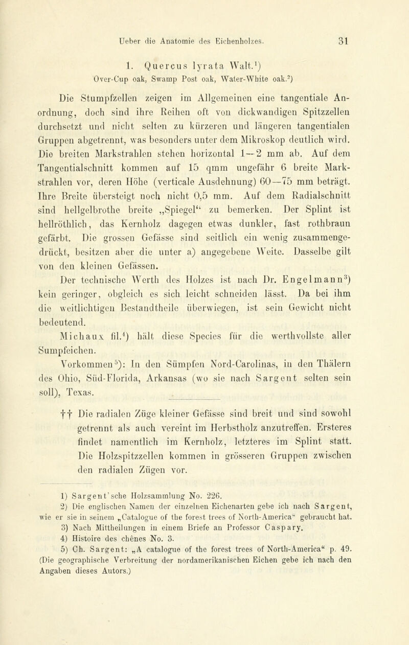 1. Quercus lyrata Walt.') Over-Cup oak, Swamp Post oak, Waler-Wbite oak.-) Die Stumpfzellen zeigen im Allgemeinen eine tangentiale An- ordnung, doch sind ihre Reihen oft von dickwandigen Spitzzellen durchsetzt und nicht selten zu kürzeren und längeren tangentialen Gruppen abgetrennt, was besonders unter dem Mikroskop deutlich wird. Die breiten Markstrahlen stehen horizontal 1—2 mm ab. Auf dem Tangentialschnitt kommen auf 15 qmm ungefähr 6 breite Mark- strahlen vor, deren Höhe (verticale Ausdehnung) 60—75 mm beträgt. Ihre Breite übersteigt noch nicht 0,5 mm. Auf dem Radialschuitt sind heligelbrothe breite „Spiegel zu bemerken. Der Splint ist hellröthlich, das Kernholz dagegen etwas dunkler, fast rothbraun gefärbt. Die grossen Gefässe sind seitlich ein wenig zusammenge- drückt, besitzen aber die unter a) angegebene Weite. Dasselbe gilt von den kleinen Gefässen. Der technische AVerth des Holzes ist nach Dr. Engelmann^) kein geringer, obgleich es sich leicht schneiden lässt. Da bei ihm die weitlichtigeu Bestaudtheile überwiegen, ist sein Gewicht nicht bedeutend. Michaux fll.^) hält diese Species für die werthvollste aller Sumpfeichen. Vorkommen^): In den Sümpfen Nord-Carolinas, in den Thälern des Ohio, Süd-Florida, Arkansas (wo sie nach Sargent selten sein soll), Texas. ff Die radialen Züge kleiner Gefässe sind breit und sind sowohl getrennt als auch vereint im Herbstholz anzutreffen. Ersteres findet namentlich im Kernholz, letzteres im Splint statt. Die Holzspitzzellen kommen in grösseren Gruppen zwischen den radialen Zügen vor. 1) Sargent'sehe Holzsammlung No. 226. 2) Die englischen Namen der einzelnen Eichenarten gebe ich nach Sargent, wie er sie in seinem „Catalogue of the forest trees of North-America gebraucht hat. 3) Nach Mittheilungen in einem Briefe an Professor Caspary. 4) Histoire des ebenes No. 3. 5) Ch. Sargent: „A catalogue of the forest trees of North-America p. 49. (Die geographische Verbreitung der nordamerikanischen Eichen gebe ich nach den Angaben dieses Autors.)