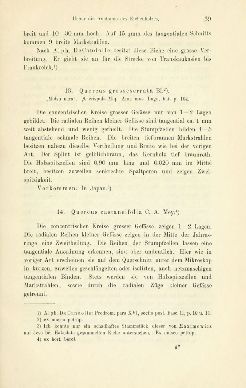 breit und 10-30 mm hoch. Auf 15 qmm des tangentialen Schnitts kommen 9 breite Markstralilen. Nach Alph. DeC'andolle besitzt diese Eiche eine grosse Ver- breitung. Er giebt sie an fiir die Strecke von Transkaukasien bis Frankreich.^) 13. Quercus grosseserrata Bl.-). ,Midsu nara. ß. crispula Miq. Ann. mus. Lugd. bat. p. 104. Die concentrischen Kreise grosser Gefässe nur von 1—2 Lagen gebildet. Uie radialen Reihen kleiner Gefässe sind tangential ca. 1 mm weit abstehend und wenig getheilt. Die Stumpfzellen bilden 4—5 tangentiale schmale Reihen. Die breiten tiefbraunen Markstrahlen besitzen nahezu dieselbe Vertheilung und Breite wie bei der vorigen Art. Der Splint ist gelblichbraun, das Kernholz tief braunroth. Die Holzspitzzelleu sind 0.90 mm lang und 0,020 mm im Mittel breit, besitzen zuweilen senkrechte Spaltporen und zeigen ZAvei- spitzigkeit. Vorkommen: In Japan.^) 14. Quercus castaneifolia C. A. Mey.^) Die concentrischen Kreise grosser Gefässe zeigen 1—2 Lagen. Die radialen Reihen kleiner Gefässe zeigen in der Mitte der Jahres- ringe eine Zweitheilung. Die Reihen der Stumpfzellen lassen eine tangentiale Anordnung erkennen, sind aber undeutlich. Hier wie in voriger Art erscheinen sie auf dem Querschnitt unter dem Mikroskop in kurzen, zuweilen geschlängelten oder isolirten, auch netzmaschigen tangentialen Binden. Stets werden sie von Holzspitzzellen und Markstrahlen, sowie durch die radialen Züge kleiner Gefässe getrennt. 1) Älph. DeCandolle: Prodrom, pars XVI, Sectio post. Fase. II, p. 10 u. 11. 2) ex museo petrop. 3) Ich konnte nur ein schadhaftes Stammstück dieser von Maximowicz auf Jeso bei Hakodate gesammelten Eiche untersuchen. Ex museo petrop. 4) ex hört, berol. 4*