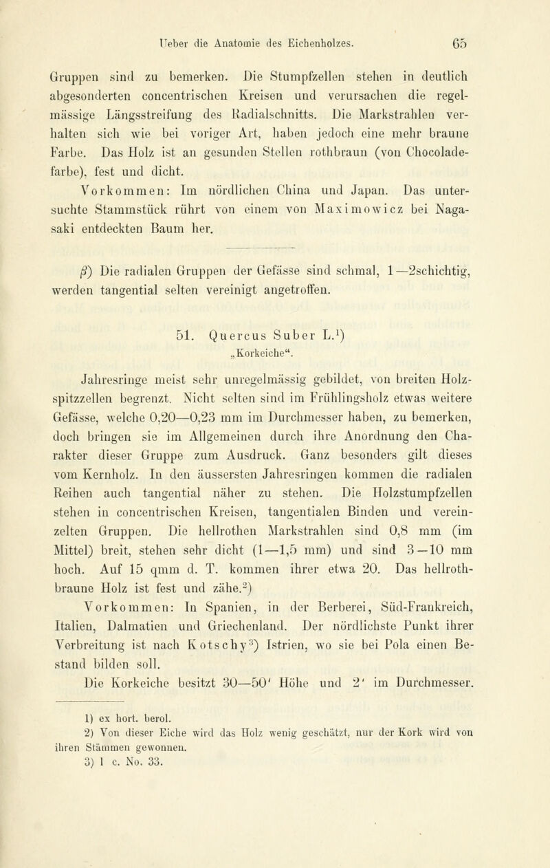 Gruppen sind zu bemerken. Die Stumpfzellen stehen in deutlich abgesonderten concentrischen Kreisen und verursachen die regel- mässige Längsstreifung des Radialschnitts. Die Markstrahleu ver- halten sich wie bei voriger Art, haben jedoch eine mehr braune Farbe. Das Holz ist an gesunden Stellen rothbraun (von C'hocolade- farbe), fest und dicht. Vorkommen: Im nördlichen China und Japan. Das unter- suchte Stammstück rührt von einem von Maximowicz bei Naga- saki entdeckten Baum her. ß) Die radialen Gruppen der Gefässe sind schmal, 1—2schichtig, werden tangential selten vereinigt angetroffen. 51. Quercus Suber L.^) „Korkeiche. Jahresringe meist sehr unregelmässig gebildet, von breiten Holz- spitzzellen begrenzt. Nicht selten sind im Frühlingsholz etwas weitere Gefässe, welche 0,20—0,23 mm im Durchmesser haben, zu bemerken, doch bringen sie im Allgemeinen durch ihre Anordnung den Cha- rakter dieser Gruppe zum Ausdruck. Ganz besonders gilt dieses vom Kernholz. In den äussersten Jahresringen kommen die radialen Reihen auch tangential näher zu stehen. Die Holzstumpfzellen stehen in concentrischen Kreisen, tangentialen Binden und verein- zelten Gruppen. Die hellrothen Markstrahlen sind 0,8 mm (im Mittel) breit, stehen sehr dicht (1—1,5 mm) und sind 3—10 mm hoch. Auf 15 qmm d. T. kommen ihrer etwa 20. Das hellroth- braune Holz ist fest und zähe.-) Vorkommen: In Spanien, in der Berberei, Süd-Frankreich, Italien, Dalmatien und Griechenland. Der nördlichste Punkt ihrer Verbreitung ist nach Kotschy^) Istrien, wo sie bei Pola einen Be- stand bilden soll. Die Korkeiche besitzt 30—50' Höhe und 2* im Durchmesser. 1) ex hört, berol. 2) Von dieser Eiche wird das Holz wenig geschätzt, nur der Kork wird von ihren Stämmen gewonnen. a) 1 c. No, 33.
