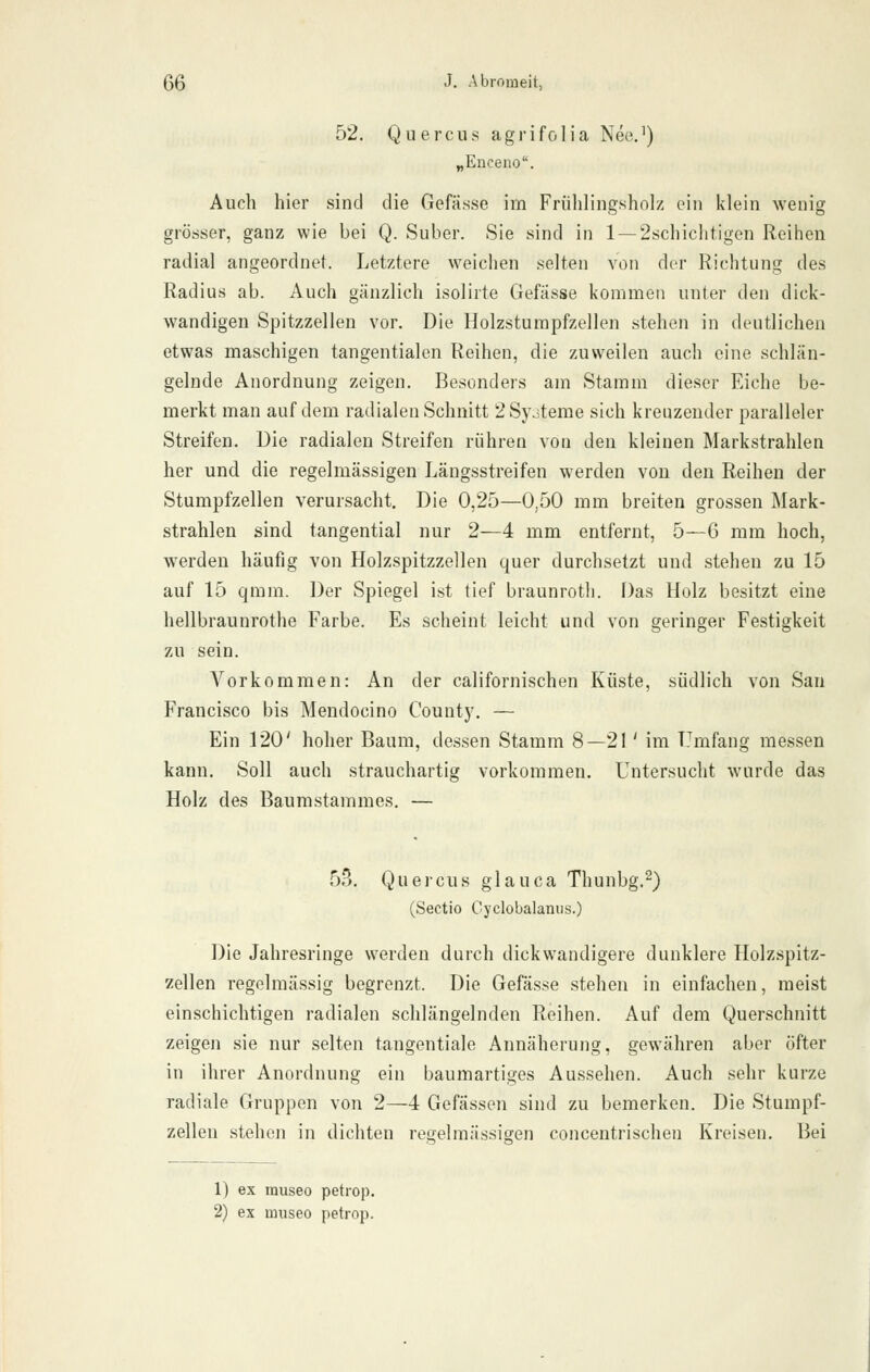 52. Quercus agrifolia NeeJ) „Enceno. Auch hier sind die Gefässe im Friililingsholz ein klein wenig grösser, ganz wie bei Q. Suber. Sie sind in 1 —2schichtigon Reihen radial angeordnet. Letztere weichen selten von der Richtung des Radius ab. Auch gänzlich isolirte Gefässe kommen unter den dick- wandigen Spitzzellen vor. Die Holzsturapfzellen stehen in deutlichen etwas maschigen tangentialen Reihen, die zuweilen auch eine schlän- gelnde Anordnung zeigen. Besonders am Stamm dieser Eiche be- merkt man auf dem radialen Schnitt 2Syoteme sich kreuzender paralleler Streifen. Die radialen Streifen rühren von den kleinen Markstrahlen her und die regelmässigen Längsstreifen werden von den Reihen der Stumpfzellen verursacht. Die 0,25—0,50 mm breiten grossen Mark- strahlen sind tangential nur 2—4 mm entfernt, 5—6 mm hoch, werden häufig von Holzspitzzellen quer durchsetzt und stehen zu 15 auf 15 qmm. Der Spiegel ist tief braunroth. Das Holz besitzt eine hellbraunrothe Farbe. Es scheint leicht und von geringer Festigkeit zu sein. Vorkommen: An der californischen Küste, südlich von San Francisco bis Mendocino County. — Ein 120' hoher Baum, dessen Stamm 8—21' im Umfang messen kann. Soll auch strauchartig vorkommen. Untersucht wurde das Holz des Baumstammes. — 55. Quercus glauca Thunbg.^) (Sectio Cyclobalaniis.) Die Jahresringe werden durch dickwandigere dunklere Holzspitz- zellen regelmässig begrenzt. Die Gefässe stehen in einfachen, meist einschichtigen radialen schlängelnden Reihen. Auf dem Querschnitt zeigen sie nur selten tangentiale Annäherung, gewähren aber öfter in ihrer Anordnung ein baumartiges Aussehen. Auch sehr kurze radiale Gruppen von 2—4 Gefässen sind zu bemerken. Die Stumpf- zellen stehen in dichten regelmässigen concentrischen Kreisen. Bei 1) ex museo petrop.