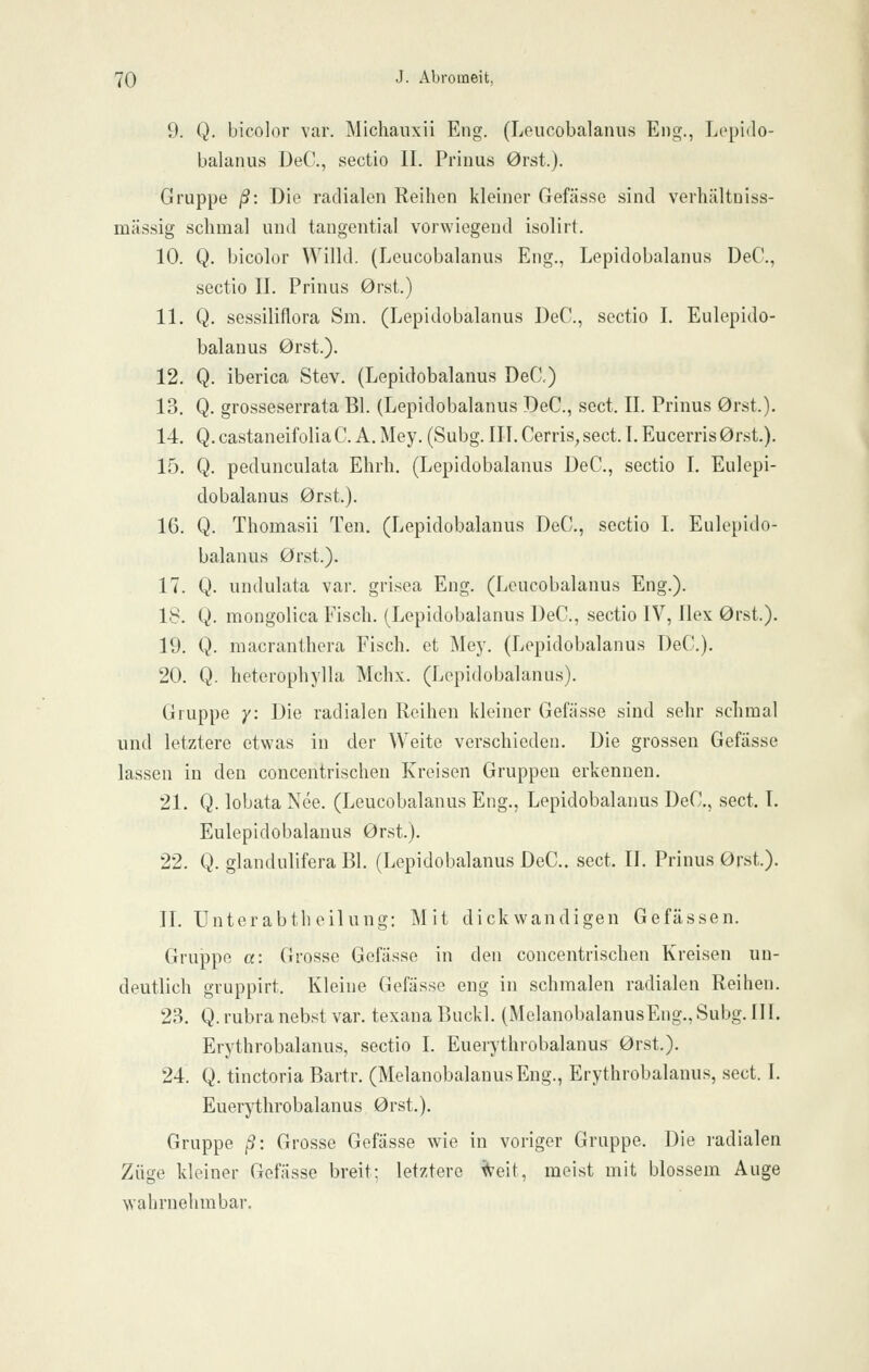 9. Q, bicolor var. Michanxii Eng. (Leucobalaniis Eng., Lopido- balanus DeC'., sectio II. Prinus 0rst.). Gruppe ß: Die radialen Reihen kleiner Gefässe sind verhältniss- mässig schmal und tangential vorwiegend isolirt. 10. Q. bicolor Willd. (Leucobalanus Eng., Lepidobalanus DeC, Sectio II. Prinus 0rst.) 11. Q. sessiliflora Sm. (Lepidobalanus DeC, sectio I. Eulepido- balanus 0rst.). 12. Q. iberica Stev. (Lepidobalanus DeC) 13. Q. grosseserrata Bl. (Lepidobalanus DeC, sect. IL Prinus 0rst.). 14. Q. castaneifoliaC A. Mey. (Subg. III. Cerris, sect. I. Eucerris0r8t.). 15. Q. pedunculata Ehrh. (Lepidobalanus DeC, sectio I. Eulepi- dobalanus 0rst.). 16. Q. Thomasii Ten. (Lepidobalanus DeC, sectio I. Eulepido- balanus 0rst.). 17. Q. undulata var. grisea Eng. (Leucobalanus Eng.). 18. Q. mongolica Fisch. (Lepidobalanus DeC, sectio IV, Hex 0rst.). 19. Q. niacranthera Fisch, et Mey. (Lepidobalanus DeC). 20. Q. heterophylla Mchx. (Lepidobalanus). Gruppe y: Die radialen Reihen kleiner Gefässe sind sehr schmal und letztere etwas in der Weite verschieden. Die grossen Gefässe lassen in den concentrischen Kreisen Gruppen erkennen. 21. Q. lobata Nee. (Leucobalanus Eng., Lepidobalanus DeC, sect. I. Eulepidobalanus 0rst.). 22. Q. glandulifera Bl. (Lepidobalanus DeC. sect. IL Prinus 0rst.). II. ünterabtheilung; Mit dickwandigen Gefässen. Gruppe a: Grosse Gefässe in den concentrischen Kreisen un- deutlich gruppirt. Kleine Gefässe eng in schmalen radialen Reihen. 2B. Q. rubra nebst var. texana Buckl. (MelanobalanusEng., Subg. 111. Erythrobalanus, sectio I. Euerythrobalanus 0rst.). 24. Q. tinctoria Bartr. (MelanobalanusEng., Erythrobalanus, sect. I. Euer)i;hrobalanus 0rst.). Gruppe ß: Grosse Gefässe wie in voriger Gruppe. Die radialen Züge kleiner Gefässe breit; letztere ^eit, meist mit blossem Auge wahrnehmbar.