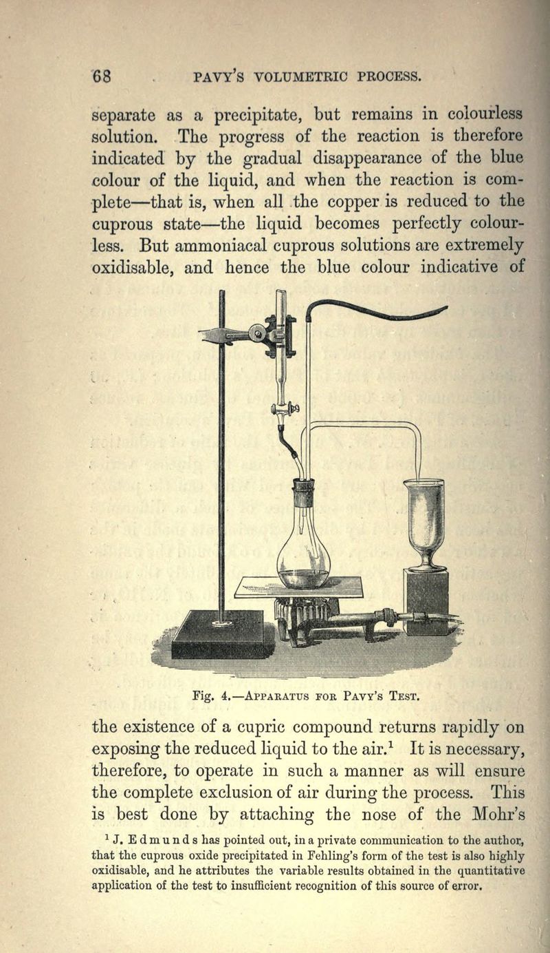 separate as a precipitate, but remains in colourless solution. The progress of the reaction is therefore indicated by the gradual disappearance of the blue colour of the liquid, and when the reaction is com- plete—that is, when all the copper is reduced to the cuprous state—the liquid becomes perfectly colour- less. But ammoniacal cuprous solutions are extremely oxidisable, and hence the blue colour indicative of Fig. 4.—Apparatus for Pavy's Test. the existence of a cupric compound returns rapidly on exposing the reduced liquid to the air.^ It is necessary, therefore, to operate in such a manner as will ensure the complete exclusion of air during the process. This is best done by attaching the nose of the Mohr's ^J. Edmunds has pointed out, in a private communication to the authoi:, that the cuprous oxide precipitated in Fehling's form of the test is also highly oxidisable, and he attributes the variable results obtained in the quantitative application of the test to insufficient recognition of this source of error.