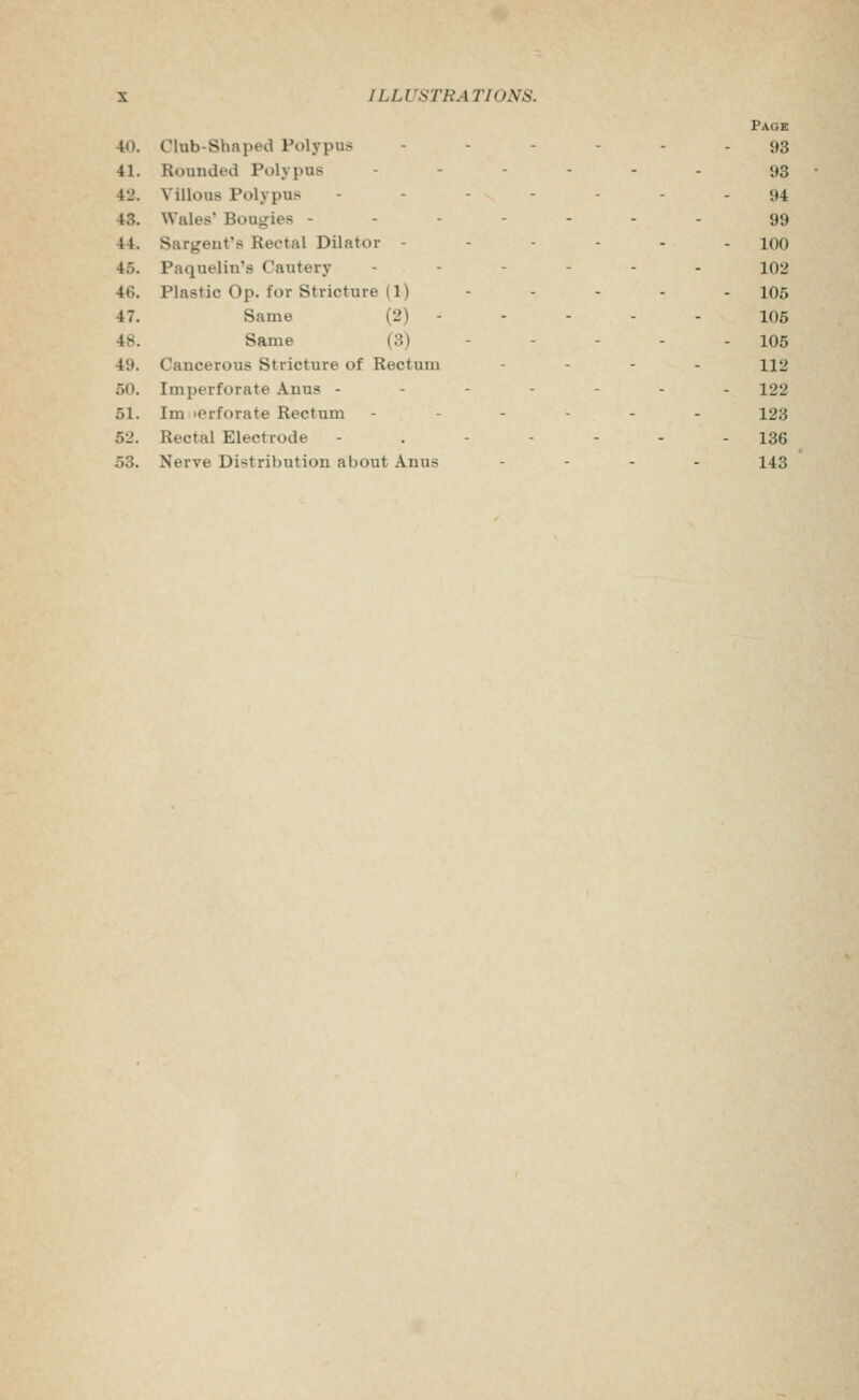 Page 40. Club-Shnped Polypus ------ 93 41. Rounded Polypus -.--.. 93 42. Villous Polypus -.----. 94 43. Wales' Bougies ------- 99 44. Sargent's Rectal Dilator - - - - - 100 45. Paquelin's Cautery -.---. io2 46. Plastic Op. for Stricture (1) - - - - - 105 47. Same (2) - - - - - 105 48. Same (3) - - - - . 105 49. Cancerous Stricture of Rectum . . . . 112 50. Imperforate Anus ------- 122 51. Im 'Crforate Rectum ------ 123 52. Rectal Electrode -.----- 136 53. Nerve Distribution about Anus . - . . J43