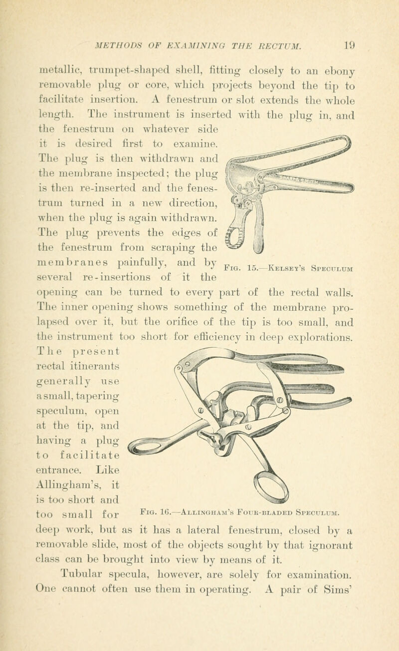 Fig. 15.—Kelsey's Speculum metallic, trumpet-shaped shell, fitting closely to an ebony removable plug or core, which projects beyond the tip to facilitate insertion. A fenestrum or slot extends the whole length. The instrument is inserted with the plug in, and the fenestrum on whatever side it is desired first to examine. The plug is then withdrawn and the membrane inspected; the plug is then re-inserted and the fenes- trum turned in a new direction, when the plug is again withdrawn. The plug prevents the edges of the fenestrum from scraping the membranes painfully, and by several re - insertions of it the opening can be turned to every part of the rectal walls. The inner opening shows something of the membrane pro- lapsed over it, but the orifice of the tip is too small, and the instrument too short for efficiency in deep explorations. The present rectal itinerants generally use a small, tapering speculum, open at the tip, and having a plug to facilitate entrance. Like Allingham's, it is too short and too small for Fig. IG.—Allingham's Fouk-bladed Speculum. deep work, but as it has a lateral fenestrum, closed by a removable slide, most of the objects sought by that ignorant class can be brought into view by means of it. Tubular specula, however, are solely for examination. One cannot often use them in operating. A pair of Sims'