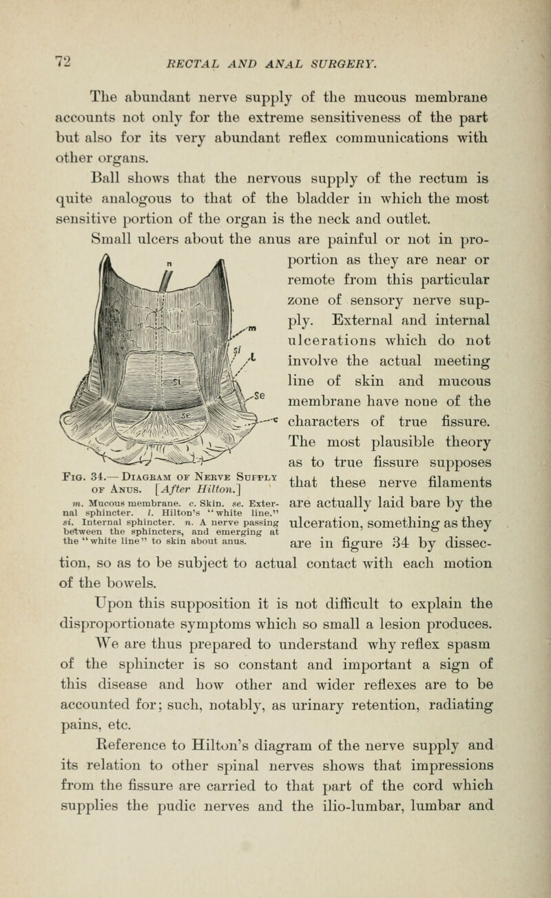 The abundant nerve supply of the mucous membrane accounts not only for the extreme sensitiveness of the part but also for its very abundant reflex communications with other organs. Ball shows that the nervous supply of the rectum is quite analogous to that of the bladder in which the most sensitive portion of the organ is the neck and outlet. Small ulcers about the anus are painful or not in pro- portion as they are near or remote from this particular zone of sensory nerve sup- ply. External and internal ulcerations which do not involve the actual meeting line of skin and mucous membrane have none of the characters of true fissure. The most plausible theory as to true fissure supposes Fig. 34.—DiAGEAM ofNekve Sdfplt -. . 4.i,p^p riprvp filamPTi+s OF Anus. [After Hilton.] ^^^^ ^^®^® neive niaments TO. Mucous membrane, c. Skin. se. Exter- are actually laid bare by the nal sphincter. I. Hilton's white line. St. Internal sphincter, n. A nerve passing ulceration, Something aS theV between the sphincters, and emerging at o ^ the white line to skin about anus. are in fiffUre 34: bv dissec- tion, so as to be subject to actual contact with each motion of the bowels. Upon this supposition it is not difficult to explain the disproportionate symptoms which so small a lesion produces. We are thus prepared to understand why reflex spasm of the sphincter is so constant and important a sign of this disease and how other and wider reflexes are to be accounted for; such, notably, as urinary retention, radiating pains, etc. Reference to Hilton's diagram of the nerve supply and its relation to other spinal nerves shows that impressions from the fissure are carried to that part of the cord which supplies the pudic nerves and the ilio-lumbar, lumbar and