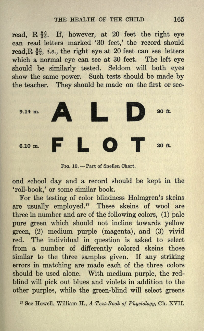 read, R f #. If, however, at 20 feet the right eye can read letters marked '30 feet/ the record should read,R f$, i.e., the right eye at 20 feet can see letters which a normal eye can see at 30 feet. The left eye should be similarly tested. Seldom will both eyes show the same power. Such tests should be made by the teacher. They should be made on the first or sec- 9.14 m. jfik B 30 ft' !• 6.10 m. • 20 ft. FIQ. 10. — Part of Snellen Chart. ond school day and a record should be kept in the 'roll-book/ or some similar book. For the testing of color blindness Holmgren's skeins are usually employed.17 These skeins of wool are three in number and are of the following colors, (1) pale pure green which should not incline towards yellow green, (2) medium purple (magenta), and (3) vivid red. The individual in question is asked to select from a number of differently colored skeins those similar to the three samples given. If any striking errors in matching are made each of the three colors should be used alone. With medium purple, the red- blind will pick out blues and violets in addition to the other purples, while the green-blind will select greens