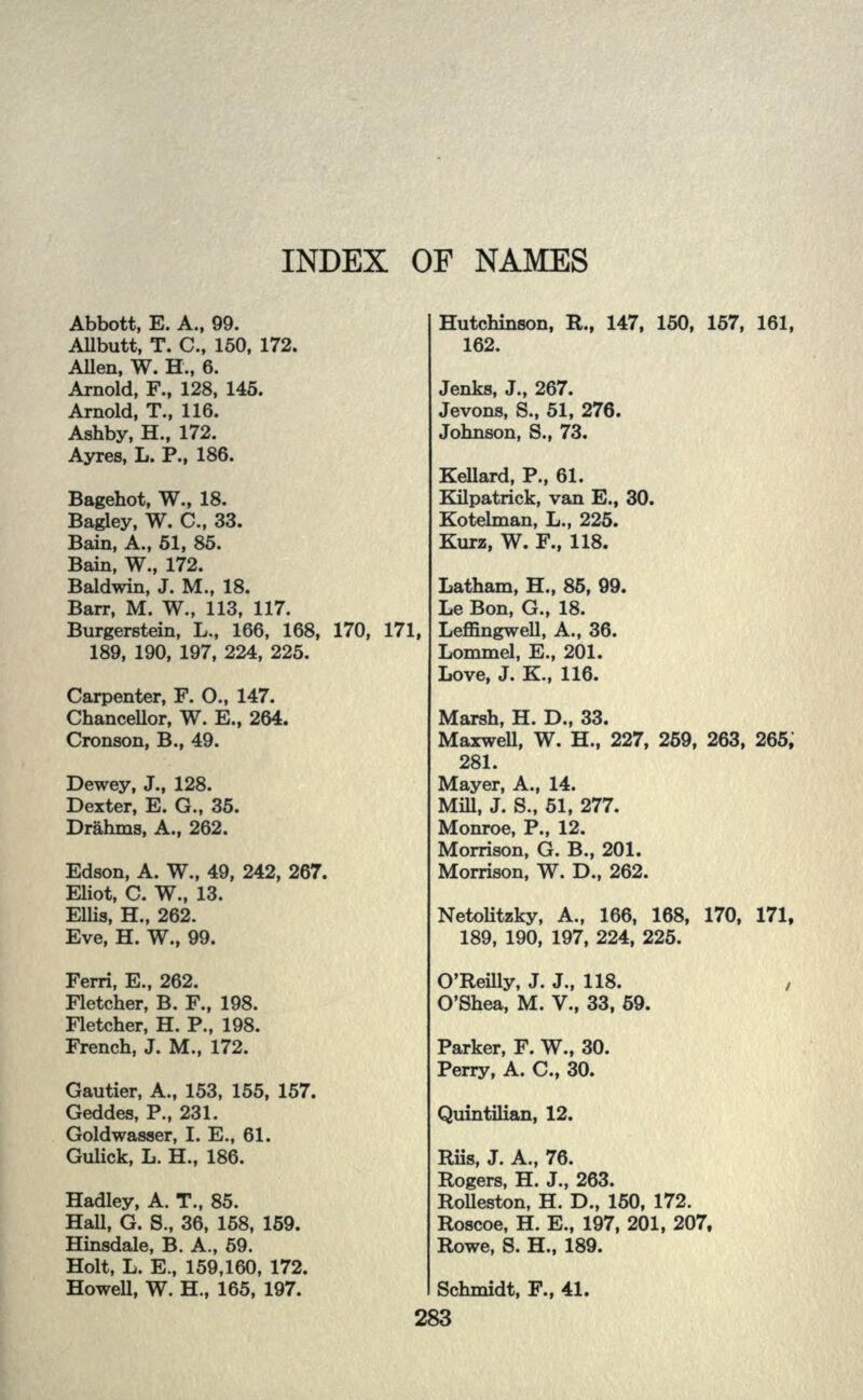 INDEX OF NAMES Abbott, E. A., 99. Allbutt, T. C., 150, 172. Allen, W. H., 6. Arnold, F., 128, 145. Arnold, T., 116. Ashby, H., 172. Ayres, L. P., 186. Bagehot, W., 18. Bagley, W. C., 33. Bain, A., 51, 85. Bain, W., 172. Baldwin, J. MM 18. Barr, M. W., 113, 117. Burgerstein, L., 166, 168, 170, 171, 189, 190, 197, 224, 225. Carpenter, F. O., 147. Chancellor, W. E., 264. Cronson, B., 49. Dewey, J., 128. Dexter, E. G., 35. Drahms, A., 262. Edson, A. W., 49, 242, 267. Eliot, C. W., 13. Ellis, H., 262. Eve, H. W., 99. Ferri, E., 262. Fletcher, B. F., 198. Fletcher, H. P., 198. French, J. M., 172. Gautier, A., 153, 155, 157. Geddes, P., 231. Goldwasser, I. E., 61. Gulick, L. H., 186. Hadley, A. T., 85. Hall, G. 8., 36, 158, 159. Hinsdale, B. A., 69. Holt, L. E., 159,160, 172. Howell, W. H., 165, 197. Hutchinson, R., 147, 150, 157, 161, 162. Jenks, J., 267. Jevons, S., 51, 276. Johnson, S., 73. Kellard, P., 61. Kilpatrick, van E., 30. Kotelman, L., 225. Kurz, W. F., 118. Latham, H., 85, 99. Le Bon, G., 18. Leffingwell, A., 36. Lommel, E., 201. Love, J. K., 116. Marsh, H. D., 33. Maxwell, W. H., 227, 259, 263, 265, 281. Mayer, A., 14. Mill, J. S., 51, 277. Monroe, P., 12. Morrison, G. B., 201. Morrison, W. D., 262. Netolitzky, A., 166, 168, 170, 171, 189, 190, 197, 224, 225. O'Reilly, J. J., 118. O'Shea, M. V., 33, 69. Parker, F. W., 30. Perry, A. C., 30. Quintilian, 12. Riis, J. A., 76. Rogers, H. J., 263. Rolleston, H. D., 150, 172. Roscoe, H. E., 197, 201, 207, Rowe, S. H., 189. Schmidt, F., 41.