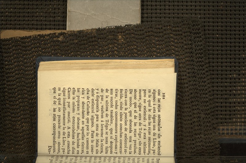 con las rejas necesarias sin estiércol alguno5 á esta sigue una de Lino, pa- ra la qual le dan las rejas necesarias, pero no estiércol; y á esta última- mente, sigue otra de Trigo, sin otro djono que el de las rejas precisas. De modo, que abonada una vez la tierra con la porción de estiércol re- ferida, rinde cinco cosechas consecu- tivas, todas comunmente copiosas? y aun sucede también, que si después de la ultima de Trigo se nota falta de pan , vuelven á levantar la tierra, y á disponerla para otra de Maiz sin darle estiércol alguno. Para la cose- cha de Cañanlo que por lo común es rica y abundante en aquellas tierras, las preparan y abonan, haciendo en ellas la misma estercoladura de diez ' Carros por marjal. A esta cosecha sigue inmediatamente la de Lino, pa- , ra la qual no procede otro abono, que el de las rejas correspondientes. bes-