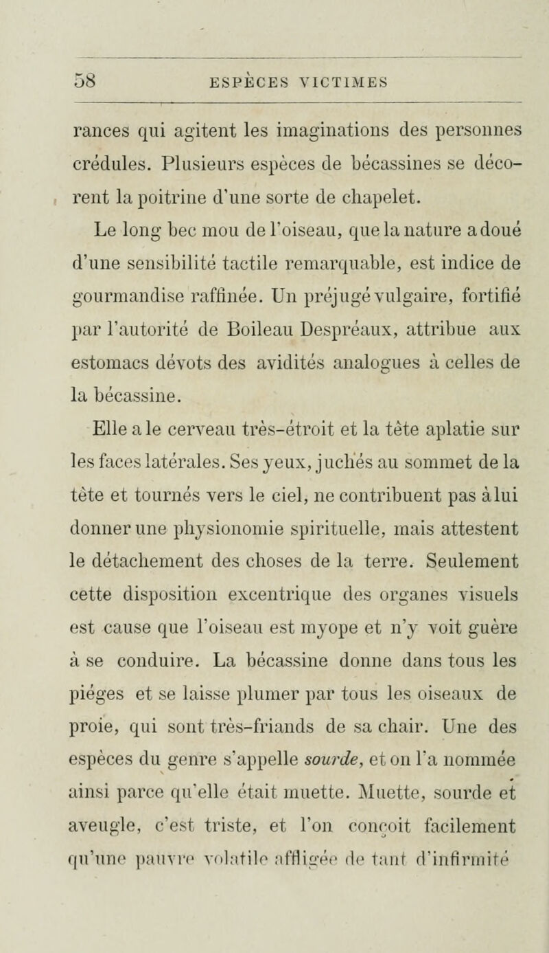 rances qui agitent les imaginations des personnes crédules. Plusieurs espèces de bécassines se déco- rent la poitrine d'une sorte de chapelet. Le long bec mou de l'oiseau, que la nature a doué d'une sensibilité tactile remarquable, est indice de gourmandise raffinée. Un préjugé vulgaire, fortifié par l'autorité de Boileau Despréaux, attribue aux estomacs dévots des avidités analogues à celles de la bécassine. Elle a le cerveau très-étroit et la tête aplatie sur les faces latérales. Ses yeux, juclïés au sommet de la tète et tournés vers le ciel, ne contribuent pas à lui donner une physionomie spirituelle, mais attestent le détachement des choses de la terre. Seulement cette disposition excentrique des organes visuels est cause que l'oiseau est myope et n'y voit guère à se conduire. La bécassine donne dans tous les pièges et se laisse plumer par tous les oiseaux de proie, qui sont très-friands de sa chair. Une des espèces du genre s'appelle sourde, et on l'a nommée ainsi parce qu'elle était muette. Muette, sourde et aveugle, c'est triste, et l'on conçoit facilement qu'une i»aiivr(' Vdlatilc ;ifliigéi' de tant d'infirmité