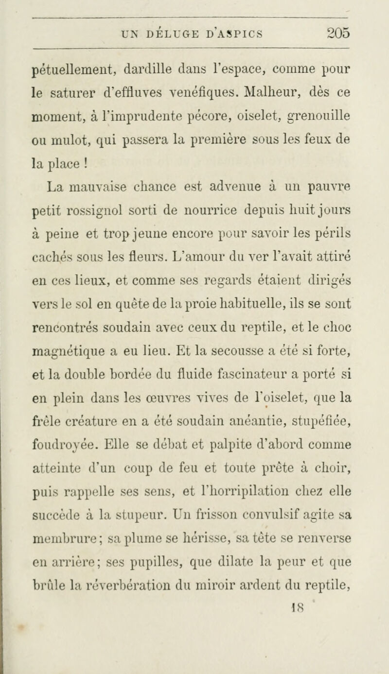 pétuellement, dardille dans l'espace, comme pour le saturer d'effluves venéfiques. Malheur, dès ce moment, à l'imprudente pécore, oiselet, grenouille ou mulot, qui passera la première sous les feux de la place ! La mauvaise chance est advenue à un pauvre petit rossignol sorti de nourrice depuis huit jours à peine et trop jeune encore pour savoir les périls cachés sous les fleurs. L'amour du ver l'avait attiré en ces lieux, et comme ses regards étaient dirigés vers le sol en quête de la proie habituelle, ils se sont rencontrés soudain avec ceux du reptile, et le choc magnétique a eu lieu. Et la secousse a été si forte, et la double bordée du fluide fascinateur a porté si en plein dans les œuvres vives de l'oiselet, que la frêle créature en a été soudain anéantie, stupéfiée, foudroyée. Elle se débat et palpite d'abord comme atteinte d'un coup de feu et toute prête à choir, puis rappelle ses sens, et l'horripilation chez elle succède à la stupeur. Un frisson convulsif agite sa membrure ; sa plume se hérisse, sa tête se renverse en arrière ; ses pupilles, que dilate la peur et que brûle la réverbération du miroir ardent du reptile, 18