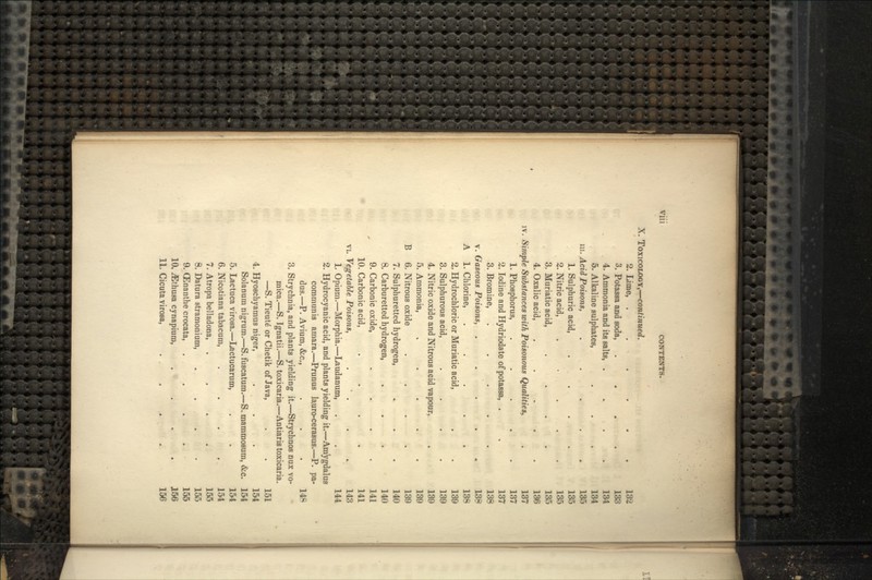 X. TOXICOLOGY,—continued. 2. Lime, . r. . -. . . 132 3. Potassa and soda, .. .' _ »'. >..i . 133 4. Ammonia and its salts, . . , . . 134 5. Alkaline sulphates, . . . . 134 in. Acid Poisons, ;/• . _., . #t.,tt . 135 1. Sulphuric acid, .... . . 135 2. Nitric acid, > * •'. ^'. ;; . ... . ,\a . 135 3. Muriatic acid, . ,.»:., ,•.„•< >, ; .fr 135 4. Oxalic acid, . . . . 136 iv. Simple Substances with Poisonous Qualities .£ 137 1. Phosphorus, . . . . . 137 2. Iodine and Hydriodate of potassa, . . 137 3. Bromine, ..... 138 v. Gaseous Poisons, . « 138 A 1. Chlorine, . / ;. . ,;..,.„, [ i 138 2. Hydrochloric or Muriatic acid, . . 139 3. Sulphurous acid, .... 139 4. Nitric oxide and Nitrous acid vapour, . 139 5. Ammonia, . j,r».-' . '• <', • ••( - • 139 B 6. Nitrous oxide . . ..- ,-»^ • Jf'' 139 7. Sulphuretted hydrogen, . ^-i- . 140 8. Carburetted hydrogen, . . . A 140 9. Carbonic oxide, . . . , 141 10. Carbonic acid, . M.«., ;.., . 141 vi. Vegetable Poisons, . ' . v*> . . 143 1. Opium.—Morphia.—Laudanum, <>.\ . 144 2. Hydrocyanic acid, and plants yielding it.—Amygdalus communis amara.—Prunus lauro-cerasus.—P. pa- dus.—P. Avium, &CM . . . 148 3. Strychnia, and plants yielding it.—Strychnos nux vo- mica.—S. Tgnatii.—S. toxicaria.—Antiaris toxicaria. —S. Tieuteor Chetik of Java, ,-*,.£ . 151 4. Hyoschyatnus niger, . . f .i'' 154 Solanum nigrum.—S. fuscatum.—S< tnammosum, «fec. 154 5. Lactuca virosa.—Lactucarum, . .. 154 6. Nicotiana tabacum, . . . . 154 7. Atropa belladona, . 155 8. Datura stramonium, . . f . 155 9. OZnanthe crocata, . . . / ij 155 10. ^Ethusa cynapiura, >.'.*»'*< . .;•*.« J56