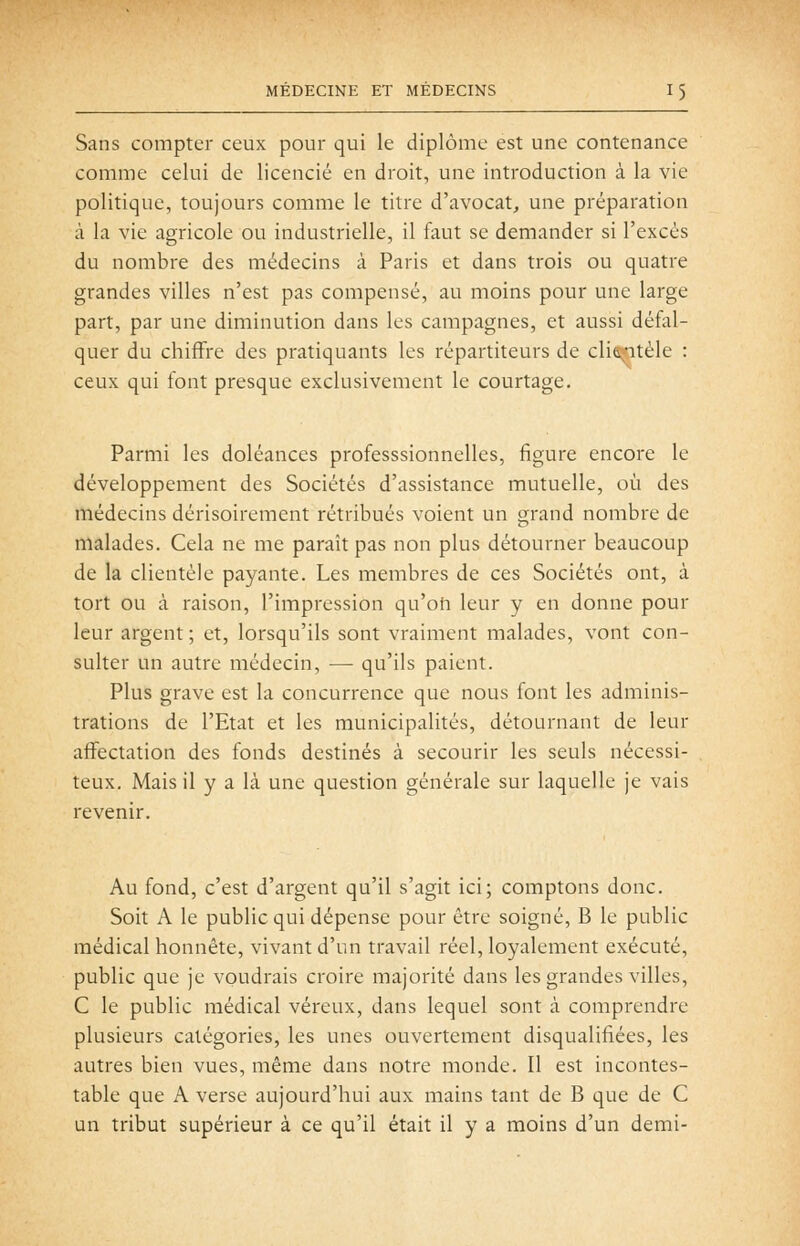 Sans compter ceux pour qui le diplôme est une contenance comme celui de licencié en droit, une introduction à la vie politique, toujours comme le titre d'avocat, une préparation à la vie agricole ou industrielle, il faut se demander si l'excès du nombre des médecins à Paris et dans trois ou quatre grandes villes n'est pas compensé, au moins pour une large part, par une diminution dans les campagnes, et aussi défal- quer du chiffre des pratiquants les répartiteurs de cliefitèle : ceux qui font presque exclusivement le courtage. Parmi les doléances professsionnelles, figure encore le développement des Sociétés d'assistance mutuelle, où des médecins dérisoirement rétribués voient un grand nombre de malades. Cela ne me paraît pas non plus détourner beaucoup de la clientèle payante. Les membres de ces Sociétés ont, à tort ou à raison, l'impression qu'oft leur y en donne pour leur argent ; et, lorsqu'ils sont vraiment malades, vont con- sulter un autre médecin, — qu'ils paient. Plus grave est la concurrence que nous font les adminis- trations de l'Etat et les municipalités, détournant de leur affectation des fonds destinés à secourir les seuls nécessi- teux. Mais il y a là une question générale sur laquelle je vais revenir. Au fond, c'est d'argent qu'il s'agit ici; comptons donc. Soit A le public qui dépense pour être soigné, B le public médical honnête, vivant d'un travail réel, loyalement exécuté, public que je voudrais croire majorité dans les grandes villes, C le public médical véreux, dans lequel sont à comprendre plusieurs catégories, les unes ouvertement disqualifiées, les autres bien vues, même dans notre monde. Il est incontes- table que A verse aujourd'hui aux mains tant de B que de C un tribut supérieur à ce qu'il était il y a moins d'un demi-