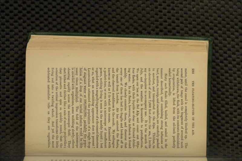 meter, until the canal is completely blocked up. The second pair of tongs with the fragment of severed neck being withdrawn, the flask, with its contents diminished by evaporation, is lifted from the oil-bath perfectly sealed hermetically. Sixty such flasks filled, boiled, and sealed in the manner described, and containing strong infusions of beef, mutton, turnip, and cucumber, are carefully packed in sawdust, and transported to the Alps. Thither, to an elevation of about 7,000 feet above the sea, I invite my co-inquirer to accompany me. It is the month of July, and the weather is favourable to putrefaction. We open our box at the Bel Alp, and count out fifty- four flasks, with their liquids as clear as filtered drink- ing water. In six flasks, however, the infusion is found muddy. We closely examine these, and discover that every one of them has had its fragile end broken off in the transit from London. Air has entered the flasks, and the observed muddiness is the result. My colleague knows as well as I do what this means. Examined with a pocket-lens, or even with a microscope of insufficient power, nothing living is seen in the muddy liquid ; but regarded with a magnifying power of a thousand diameters or so, what an astonishing appearance does it present! Leeuwenhoek estimated the population of a single drop of stagnant water at 500,000,000 : probably the popu- lation _^f a drop of our turbid infusion would be this many times multiplied. The field of the microscope is crowded with organisms, some wabbling slowly, others shooting rapidly across the microscopic field. They dart hither and thither like a rain of minute projectiles ; they pirouette and spin so quickly round, that the retention of the retinal impression transforms the little living rod into a twirling wheel. And yet the most celebrated naturalists tells us they are vegetables.