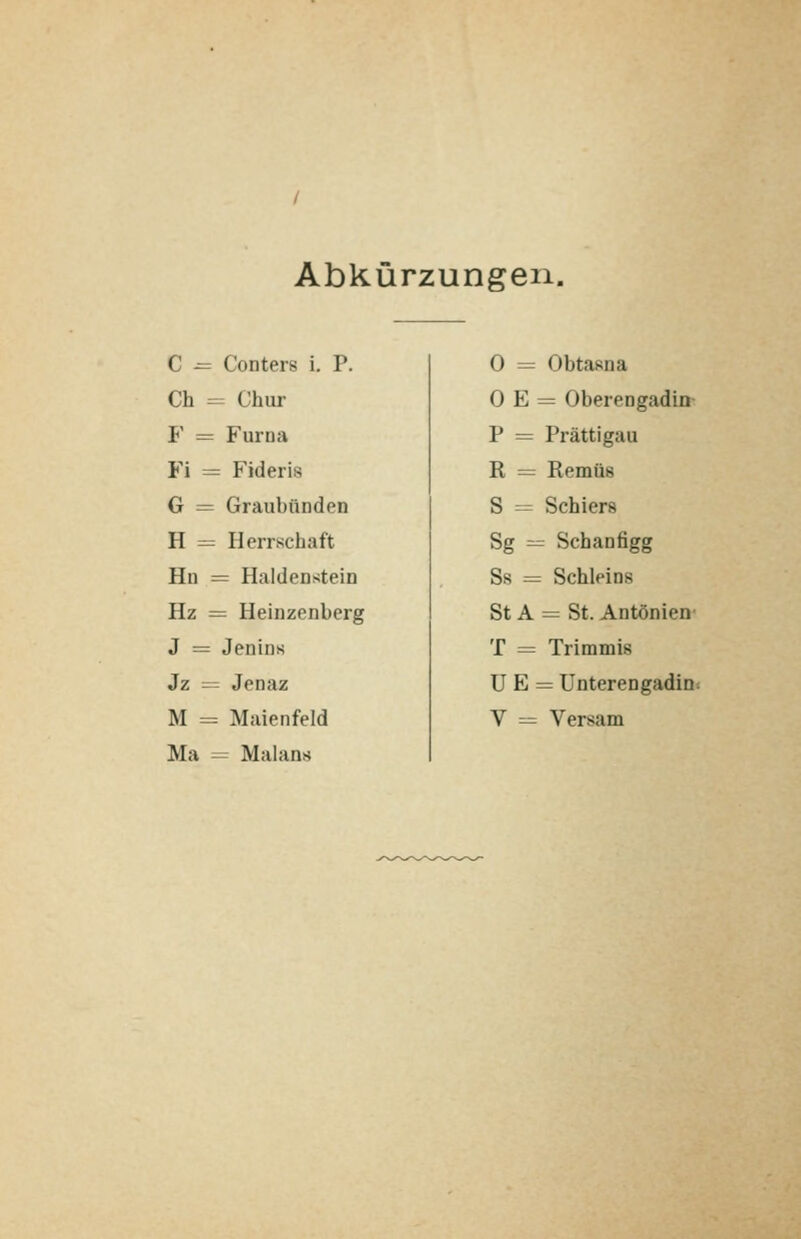 Abkürzungen. C -= Conters i. P. Ch = Chur F = Furna Fi = Fideris G = Graubünden H = Herrschaft Hn = Haldenstein Hz = Heinzenberg J = Jenins Jz = Jenaz Ma = Malanä 0 = Obtasna 0 E = Oberengadin- P = Prättigau R — Remüs S = Schiers Sg = Schanfigg Ss = Schleins St A = St. Antonien' T = Trimmis U E = Unterengadio:
