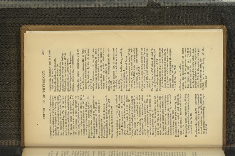 Conceptions, how caused, 25; impressions or representations of, 26; definition of natural, or organic and arbitrary voli- tions, 27 ; dependent on material ideas, ib.\ preceded by sensations, 65; of the understanding, 7^; of the me- mory, 71; their relation to attention, abstraction, meditation, and reflection, 77; either please or displease, 80; their relation to material ideas, 97- 151; necessary to true sentient ac- tions, 123, see Actions sentient; their course independent of others, 125; sensational and intellectual, 347; in- ternal impressions of, 359 note. Conceptive force [Empfindhchkeit], 65 Congestion, theory of, 207, 462 Connatural, as applied to agreeable ex- ternal sensations, 191, 196, 440 Connection, reciprocal, defined, 345 Consciousness, 80 Contractility, so called [Reiz], 3 Contranatural, as applied to disagreeable external sensations, 191, 196, 200 Convulsions, their nature, 204 Death, definition of, 703; the spiritual of a reasoning animal, 704; sensa- tional, 705 ; complete, 706; natural, 707; animal, 708; from what com- plete, may result, 711 716; animal life may continue after proper, 717 Desires, how developed in the mind, 81; three things to be distinguished in, 84-87; may be sensational or intel- lectual, wholly sensational, or more spontaneous, 89; sensational, nature of, 90; intellectual nature of, 96 Despair, a distressing passion, 313; its sentient actions may be induced by the vis nervosa only, 571 Diaphragm, the, is sensitive, and sub- ject to the will, 171; its sentient ac- tions from external sensations, 208; is capable of direct nerve-actions, 464 ; may be excited by non-conceptional internal impressions, 523; its natural action in respiration, 525 ; a centre of animal forces, 673, 688 Dichtungskraft, the poetic faculty, 248 Distress, how excited and developed, 309; its mental actions and various forms, ib. Dreams, the rules applicable to, 67-69; 70, 236; sensational foreseeings often produced in, 75, 247 Emotions, the, nature of, 91; their effect on the penis, 178 ; strong sensational stimuli conjoined in, 258 ; effects of the pleasing or distressing, how regu- lated, 259 Empfindung, commonly used in a three- fold sense, 34 note. Empfindlichkeit, see Sensibility. Erdichtungen, fictions, 70 Ersetzung, see Substitution. Excitants of the feelings, see Peelings. Exhilaration, the instinct for, 287, ii Expectations, see Anticipations. External impressions, see Impressions. External sensations, see Sensations. Faculty, the higher perceptive, 76; the poetic, 228 Fear, a distressing passion, 313, in what resembles and differs from terror, 320 ; may be induced by the vis nervosa only, 571 Feelings, incitements of the, 83; are sensational or intellectual, 88; add a special sentient action to those of con- ceptions, 250; excite the origin of those nerves by which vital move- ments are regulated, 251 Flesh, the, 90 ; warring against the spi- rit, 337 Food, the instinct for, its sensational stimulus, 281; its effects as a foresee- ing, 282 Forces of physical bodies, the general, 3; their aggregate, 4 Forces, animal, see Animal forces. Forces, animal-sentient, or cerebral, na- ture of, 6 note, 82 and note; their actions, 97-110; their relations to the vis nervosa, 541-597 ; their reciprocal connection, 590-597 Forces, nerve, defined, 6; depend on the vital spirits, 21; what retard the ac- tion of, 22; what strengthen and en- liven, 23 Forces, primary vital, nature of the, 675; the two reciprocally subordinate, 676 Forebodings, the nature of, 73 Foreseeings, nature of, 73, 23^; relations of, to desires and aversions, 81; rela- tions of, to instincts and passions, 90- 94 ; in what differ from true expecta- tions, 249; accompanying the depres- sing passions, 315-328 Free will, 96. See Will. Gall-bladder, see Bladder. Ganglia, are possessed by the motor nerves, 14; do not possess true cere- bral tissue, 35 note-, 624, iv; their probable use, 48, iv; their functions maybe changed through habit, 49, iv; probably deflect external impressions, 48, iv, 399; to the motor nerves per- form the office of brain, 399 GefiJhl, the external feeling of the nerves, 402