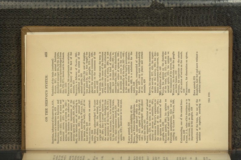 Secretion, influence of the nerves in, 418; Musgrave's doctrines on, 419 Sensorium commune, its functions and seat, 429—432; centre of motor and sensorial nerves, 429; its law of action, consensus of nerves in, 433— 435; its function is the reflexion of external sensory impressions of the nerves upon the motor, 429, 430, 431. Soul, the rational, seat of, according to Aristotle, 365; the rational and corporeal, according to Willis, 376 ; its union with the body, 439 ; all we know of the, 449 Spallanzani, his remarks on animal- cules, 386 Spirits, three acknowledged by Galen and others, 366; the animal, their origin and seat, according to Galen, 367, 368; Des Cartes' opinion on the secretion of, 370 ; dislodged from the ventricles of the brain, 370, 371; said by Malpighi, &c., to be secreted by the cortical substance of the brain, 374; their existence denied, 378 Stahlians, opponents of the animal spirits, 379 ; their error as to the soul, 449 Tarin quoted, 378 Tendons, morbid sensibility of, 394 Testes, see Tubercula Quadrigemina. Thought, cannot depend solely on the mind, 442; organs of the faculty of, 446; its acknowledged depijdence upon the body, 445 TissoT, supports the doctrine of animal spirits, 379; his views as to the ne- cessity of nerves to nutrition, 424; lays stress on Whytt's arguments on the consensus of the nerves, 434; his opinion on the functions of the ganglia, 378, 435 Tralles quoted, 396; his opinion on the union of soul and body, 445 Tubercula quadrigemina, their use ac- cording to Galen and Willis, 368, 376 Understanding, one of the animal func- tions, 439 Unzer, J. A, value of his doctrines as to vis nervosa, 380; on the reflexion of impressions in the ganglia, 438 Ventricles of the brain, the use of the anterior or superior, according to Ventricles of the brain {continued) Galen, 367; the animal functions distributed amongst the, by the Arabs, 369; the animal spirits dislodged from the, 370,371; shown not to be cloacae, 372—374 Verschuir, his experiments on arteries, 412; his theory of the flow of the menses, 415 Vesalius, a follower of Plato, 366; indifi'erent as to the course of the animal spirits, 369 ViEussENs, where the seat of imagina- tion placed by, 377 ; first taught the function of the ganglia, 378; where placed the sensorium commune, 429; his opinion on the consensus of the nerves, 433 Vis nervosa, in what sense the term is used, 380; the cause of the functions of the nervous system, 380; a stimulus necessary to its action, 389; is not indifferent to the kind of stimulus, 391; how increased, 391—395; in- creased locally, 392; when diminished, 395—397; action of opium on, 396; is divisible and exists in the nerves independently of the brain, 397—402; is the cause of the heart's movements, 399; its action modified in idiosyn- crasies, 402; is a substitute for the mind, 446 Vital principle, compounded of various forces, 427; may exist independently of vis nervosa in plants and certain animals, 428 Whytt, his arguments on the consensus of the nerves, 377, 435; his experi- ments on the nerves, 396; his doc- trines on consensus of the nerves, 435 Will, definition of the, 440 Willis, his opinion on the functions of the brain, 373, 375; and on the animal spirits, 375; his opinion on the consensus of the nerves, 433 WiNSLow, his doctrine that the ganglia are little brains, 378 WiNTERL, his conjecture on the nature of the action of nerves on the vessels, 410 WiRTENSON, his dissertation on opium, 396 ZiNN quoted, 378 Zoophytes, how feel and move without a nervous system, 387. THE END.