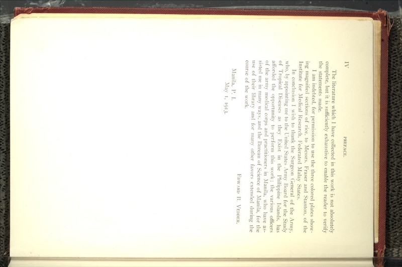 PREFACE. The literature which I have collected in this work is not absolutely complete, but it is sufficiently exhaustive to enable the reader to verify the statements made. I am indebted, for permission to use the three colored plates show- ing magnified sections of rice, to Messrs. Fraser and Stanton, of the Institute for Medical Research, Federated Malay States. In conclusion I wish to thank the Surgeon General of the Army, who, by appointing me to the United States Army Board for the Study of^ Tropical Diseases as they Exist in the Philippine Islands, has afforded the opportunity to perform this work; the various officers of the army medical corps and practitioners in Manila, who have as- sisted me in many ways, and the Bureau of Science of Manila, for the use of their library and for many other favors extended during the course of the work. Fdward P). Vedder. Manila, P. I. May I, 191,s.