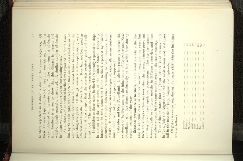 beriberi reported in California during the years 1907-1909. Of these 22 were Japanese, two Chinese and one German. The hst was pubHshed with a note saying: The following list of deaths from beriberi is given to show that this disease is present and widely, though sparsely, distributed. A similar number of deaths in Japan would argue some 500 or 600 existing cases. An outbreak of undoubted beriberi was reported in South Caro- lina by Sams in 1910, who reported that similar cases had occurred among convicts near Charleston several times before during the preceding five years. Of the 31 convicts in this epidemic 17 were afifected and two died of heart failure. Rice had not been used as food, and it was alleged that the convicts received good and suffi- cient food. The guards, however, were not affected. In addition to these cases, beriberi is frequently reported on ships in almost all the larger ports of the United States. Especially interesting in this connection is the beriberi reported by Currie occurring in Chinese fishermen returning to San Francisco from Alaska. It probably occurs unrecognized, especially in institutions, much more frequently than is generally supposed. Labrador and New Foundland. Little has recently reported the existence of beriberi among the inhabitants of Labrador and New Foundland, who live almost exclusively on fine white flour during certain seasons of the year. Seasonal prevalence of beriberi. In all countries where the dis- ease is endemic cases of beriberi occur throughout the year, but there are always certain seasons when the disease is more prevalent and may even reach epidemic proportions. The beriberi season, however, falls in different months in different countries, and does not always occur in the same months even in the same country. Thus Scheube states that in Japan beriberi is at its maximum in June, July and August, and that the most serious and fatal cases fall in the months of July, August and September. Of 565 cases occurring during the years 1878-1880 the incidence was as follows: January i^^ February 13 March 32 April 50 May ^2 June 103 July 133 August -jz ,