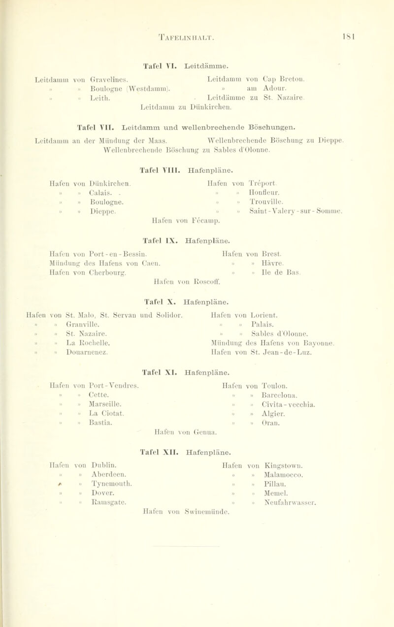 Tai-klinii \l,l'. ist Tafel VI. Leitdämme. Leitdaium von Giavclines. Leitdamm von C'ap liretoii. .. Boiilogne (Westdamm). » am Adniir. ), .> Leith. Leitdiimuic zu St. Na/.aiie Leitdamm zu Dliukircheii. Tiifel VII. Leitdamm und wellenbreehende Böschungen. Lritdauiui au der Miiudung der Maas. Wellenbrechende Böschung zu ])i('i)iie. Wellenbrechende IJöschung zu Sables d'OIonne. Hafen von Dünkirchen. ■> ■• Calais. . » » Boulogne. •> » Dieppe. Tafel VIII. Hafenplcäne. Hafen von Treport  •• Honfleur.  » Trouville. '■  Saint-Valery - suf - yomuie. Hafen von Fecaiiip. Tafel IX. Hafenpläne. Hafeu von Polt - en - Bessin. Hafen von Brest. Mündung des Hafens von f'aen. »  Hävre. Hafen von Cherbourg. » <> He de Bas. Hafen von Roseoff. Tafel X. Hafenpläne. Hafeu von St. Malo, St. Servau und S(diilor. Hafen von Lorient. » Granvillc. »  Palais.  St. Nazaire. « » Sables d'OIonne.  » La Rochelle. Mündung des Hafens von Bayonne. ■>  Doiiarnenez. Hafen von St. Jean-de-Luz. Tafel XI. Hafenpläne. Hafen von Port-Vendres. Hafen von Toulon. » Cette. » Marseille. » La Ciotat. » Bastia.  Barcelona.  Civita-vccchia. » Algier. •> Oran. Hafeu von (jenu.i. llafiMi von Dublin. » >j Aberdeen. /> » Tynemouth. >) » Dover. ■■  Ramsgatc. Tafel XU. Hafenpläne. Hafen von Kingstown.  » Malamocco. .. Pillau. » » Jlemel. « •> Neufahrwasser. Hafen von Swiueuiünde.