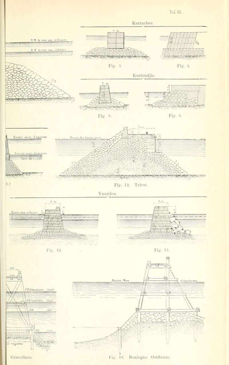 Fi-. -V Tis. G. Fig. 12. Triest. Ymuiden. r~f—r- -P~^ ■'in. 14. Fijr. 1.5. Gravel'mes. FU. 19. Boulosnc Ostdamm