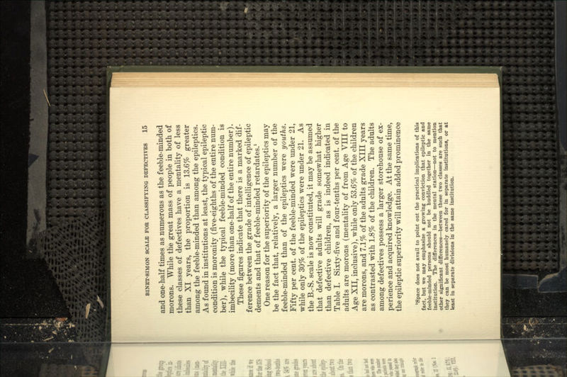 and one-half times as numerous as the feeble-minded morons. While the great mass of people in both of these classes of defectives have a mentality of less than XI years, the proportion is 13.6% greater among the feeble-minded than among the epileptics. As found in institutions at least, the typical epileptic condition is moronity (five-eighths of the entire num- ber), while the typical feeble-minded condition is imbecility (more than one-half of the entire number). These figures indicate that there is a marked dif- ference between the grade of intelligence of epileptic dements and that of feeble-minded retardates.^ One reason for the superiority of the epileptics may be the fact that, relatively, a larger number of the feeble-minded than of the epileptics were youths. Fifty per cent, of the feeble-minded were under 21, while only 30% of the epileptics were under 21. As the B.-S. scale is now constituted, it may be assumed that defective adults will grade somewhat higher than defective children, as is indeed indicated in Table I. Sixty-five and four-tenths per cent, of the adults are morons (mentality of from Age VIII to Age XII, inclusive), while only 53.6% of the children are morons, and 7.1% of the adults grade XIII years as contrasted with 1.8% of the children. The adults among defectives possess a larger storehouse of ex- perience and acquired knowledge. At the same time, the epileptic superiority will attain added prominence *Space does not avail to point out the practical implications of this fact, but we may emphasize a growing conviction that epileptic and feeble-minded persons should not be huddled together in the same institution. The differences in the mental station—not to mention other significant differences—between these two classes are such that they can be most humanely cared for in separate institutions, or at least in separate divisions in the same institution.