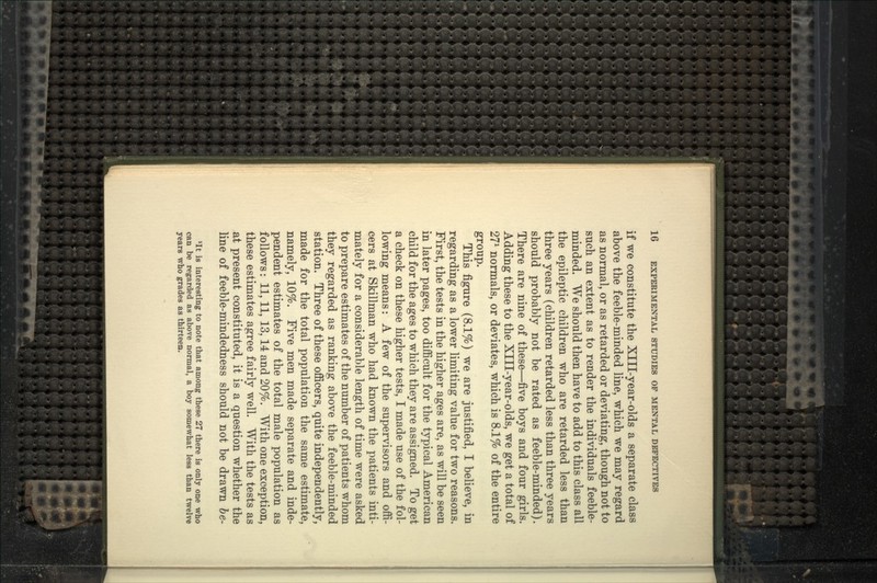 if we constitute the Xlll-year-olds a separate class above the feeble-minded line, which we may regard as normal, or as retarded or deviating, though not to such an extent as to render the individuals feeble- minded. We should then have to add to this class all the epileptic children who are retarded less than three years (children retarded less than three years should probably not be rated as feeble-minded). There are nine of these—five boys and four girls. Adding these to the Xlll-year-olds, we get a total of 2V normals, or deviates, which is 8.1% of the entire group. This figure (8.1%) we are justified, I believe, in regarding as a lower limiting value for two reasons. First, the tests in the higher ages are, as will be seen in later pages, too difficult for the typical American child for the ages to which they are assigned. To get a check on these higher tests, I made use of the fol- lowing means: A few of the supervisors and offi- cers at Skillman who had known the patients inti- mately for a considerable length of time were asked to prepare estimates of the number of patients whom they regarded as ranking above the feeble-minded station. Three of these officers, quite independently, made for the total population the same estimate, namely, 10%. Five men made separate and inde- pendent estimates of the total male population as follows: 11,11, 13,14 and 20%. With one exception, these estimates agree fairly well. With the tests as at present constituted, it is a question whether the line of feeble-mindedness should not be drawn he- ^It is interesting to note that among these 27 there is only one who can be regarded as above normal, a boy somewhat less than twelve years who grades as thirteen.
